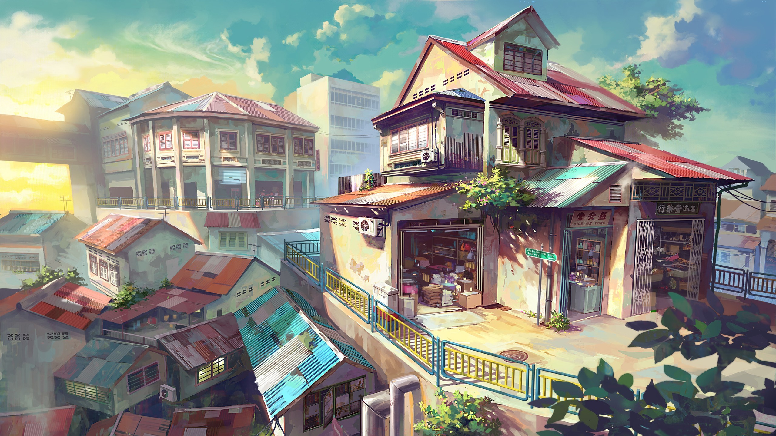 Wallpaper, painting, city, cityscape, anime, house, village, town, Malaysia, human settlement 2560x1440