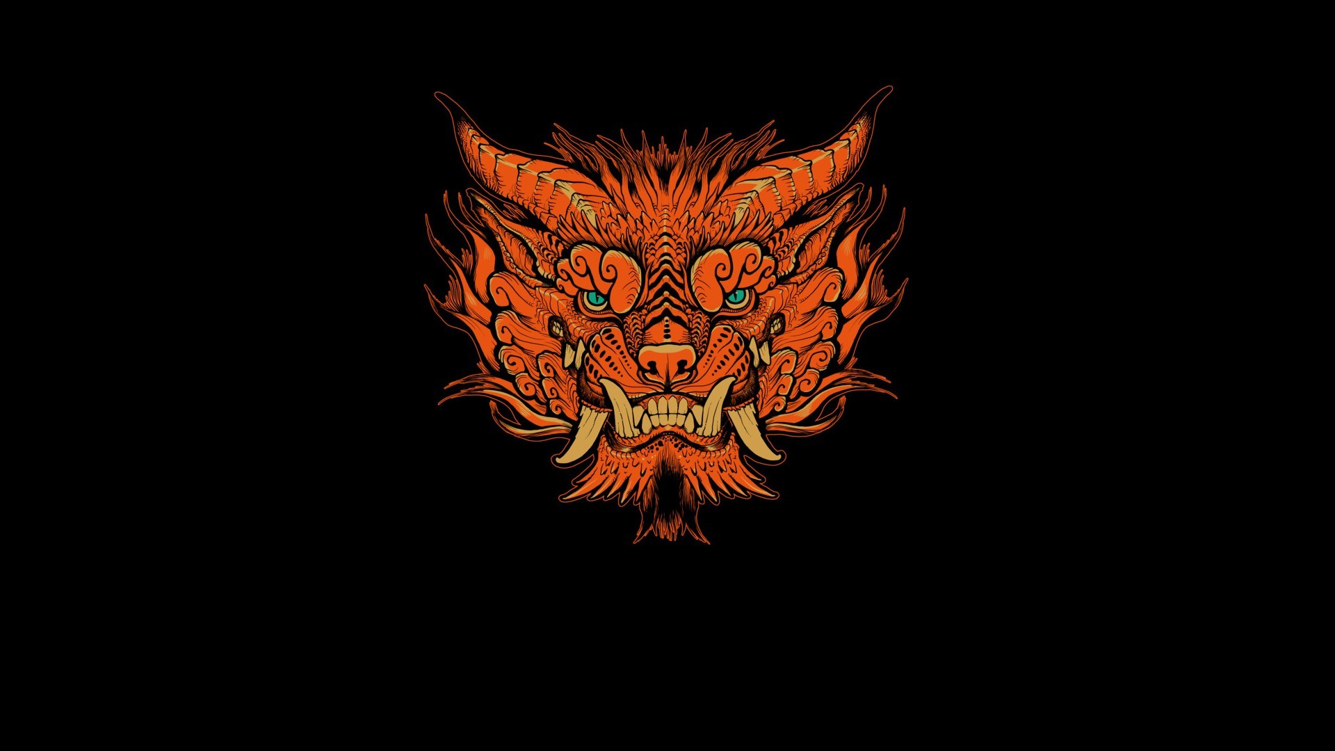 Tribal Animals Black Background Minimalism Artwork Orange Wallpaper:1920x1080