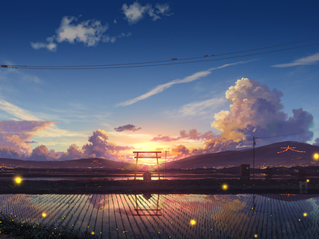 Desktop wallpaper farms, landscape, village, sunset, anime, HD image, picture, background, c16515