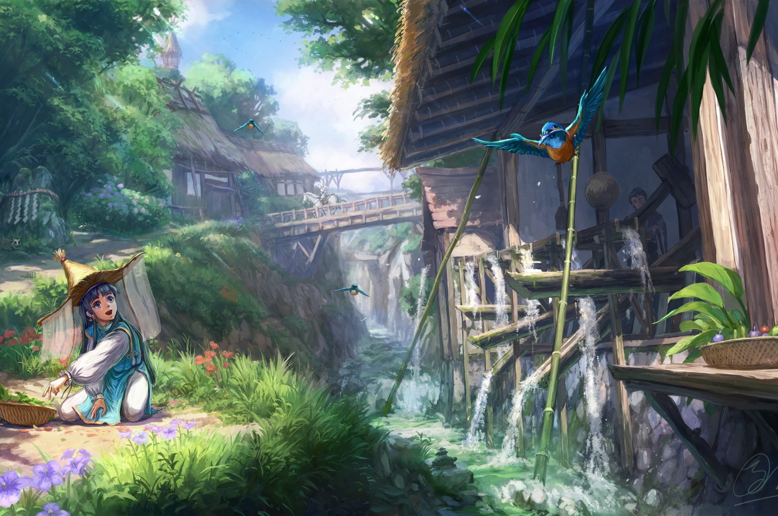 Download 2560x1700 Anime Village, Bridge, Water, Houses, People, Scenic, Calm Wallpaper for Chromebook Pixel