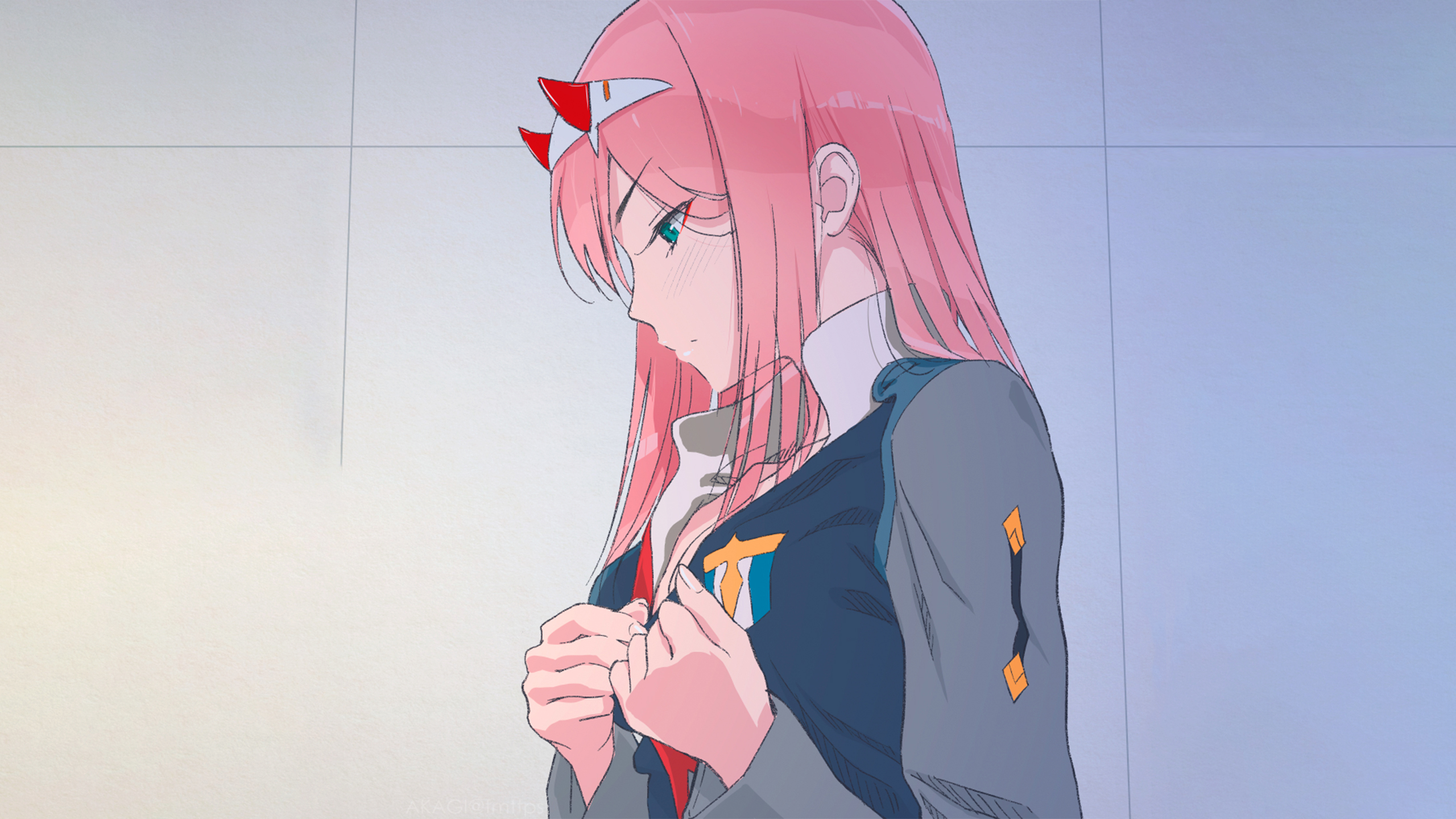 darling in the franxx pink hair zero two with horn wearing school uniform in white background HD anime Wallpaper