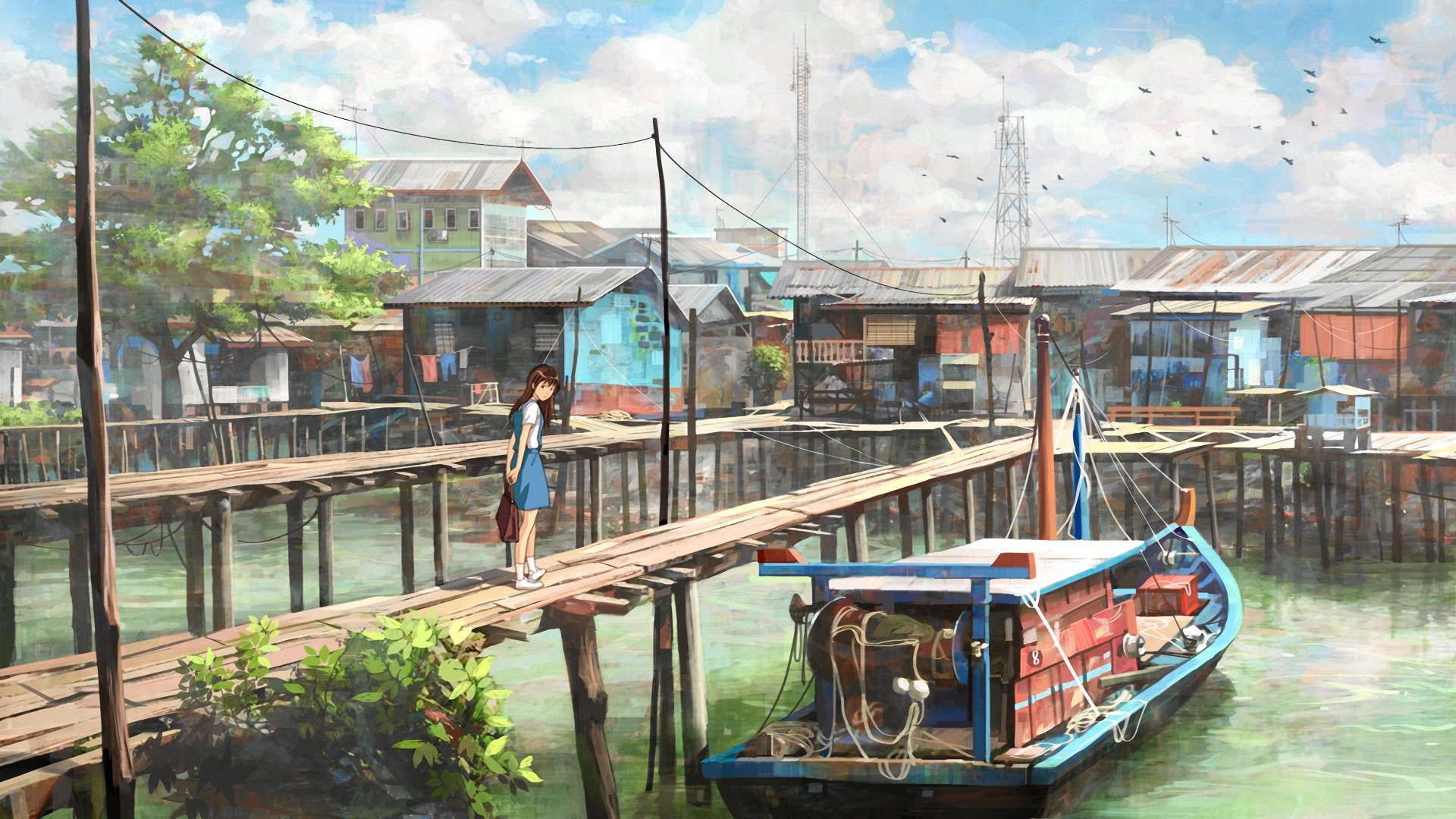 Anime girl at the docks of a small fishing village HD Wallpaper