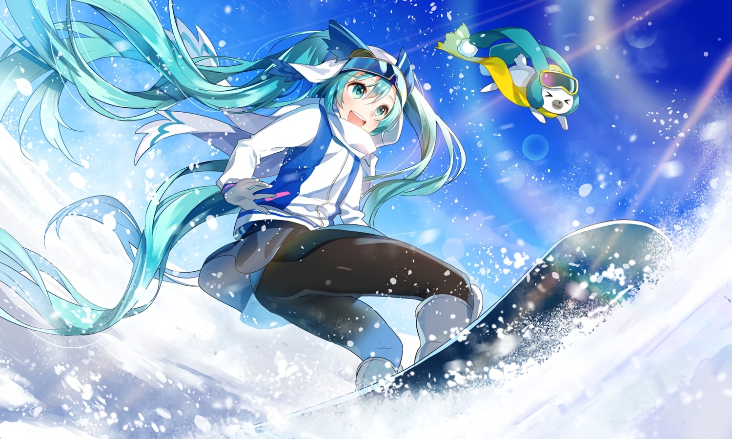 Anime Girls Snowboarding Turquise Hair Sport Long Hair Open Mouth Anime Wallpaper:1500x900