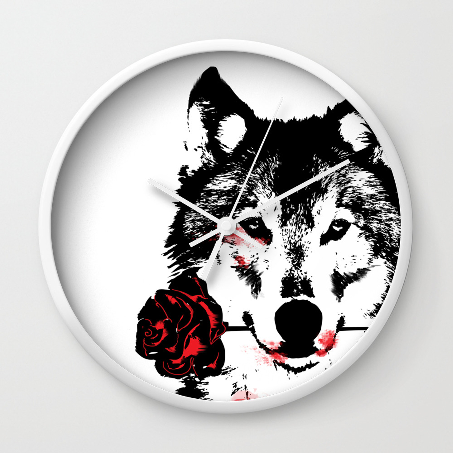 Wolf blood stained, holding a red rose. Wall Clock