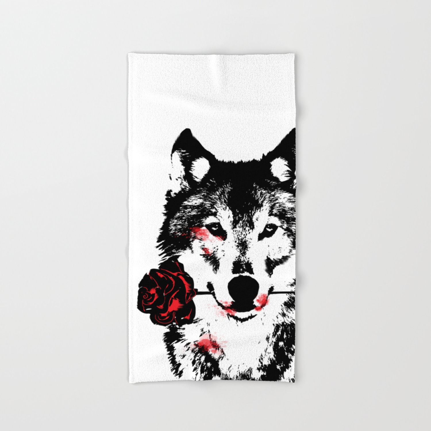 Wolf blood stained, holding a red rose. Hand & Bath Towel