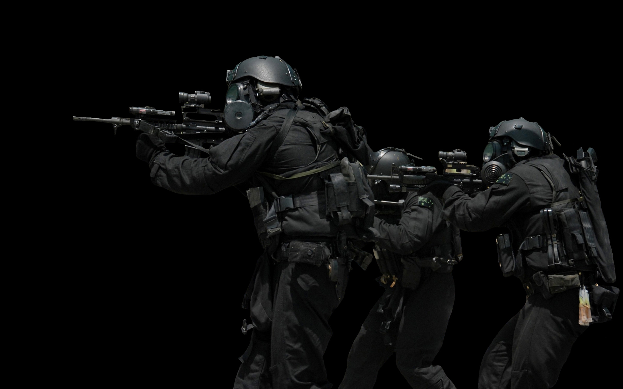 soldiers black guns gear helmet swat gas masks commando rifles australian military 2406x1504 wall