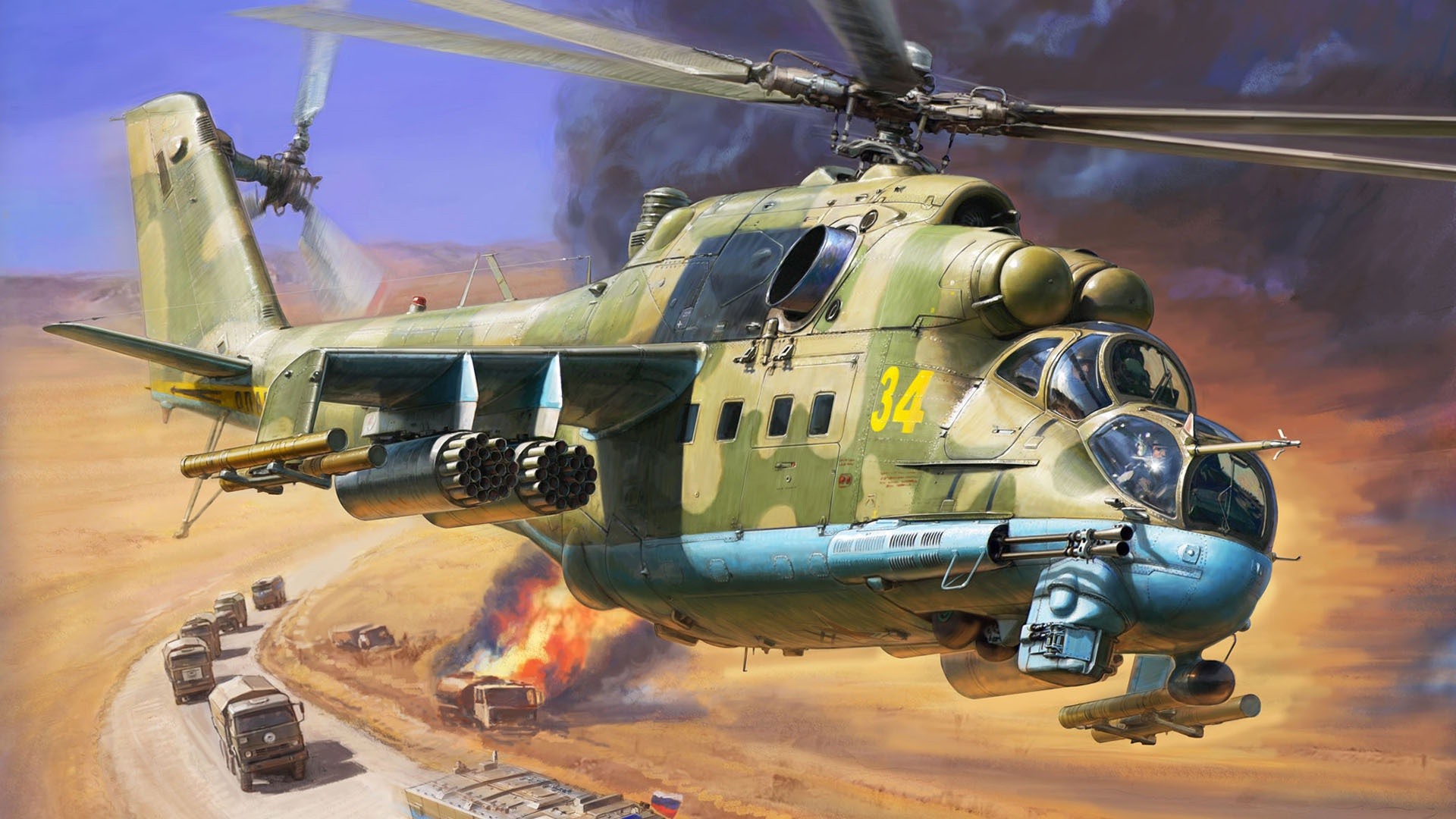 Wallpaper Helicopter, cars, army, art picture 1920x1080 Full HD 2K Picture, Image