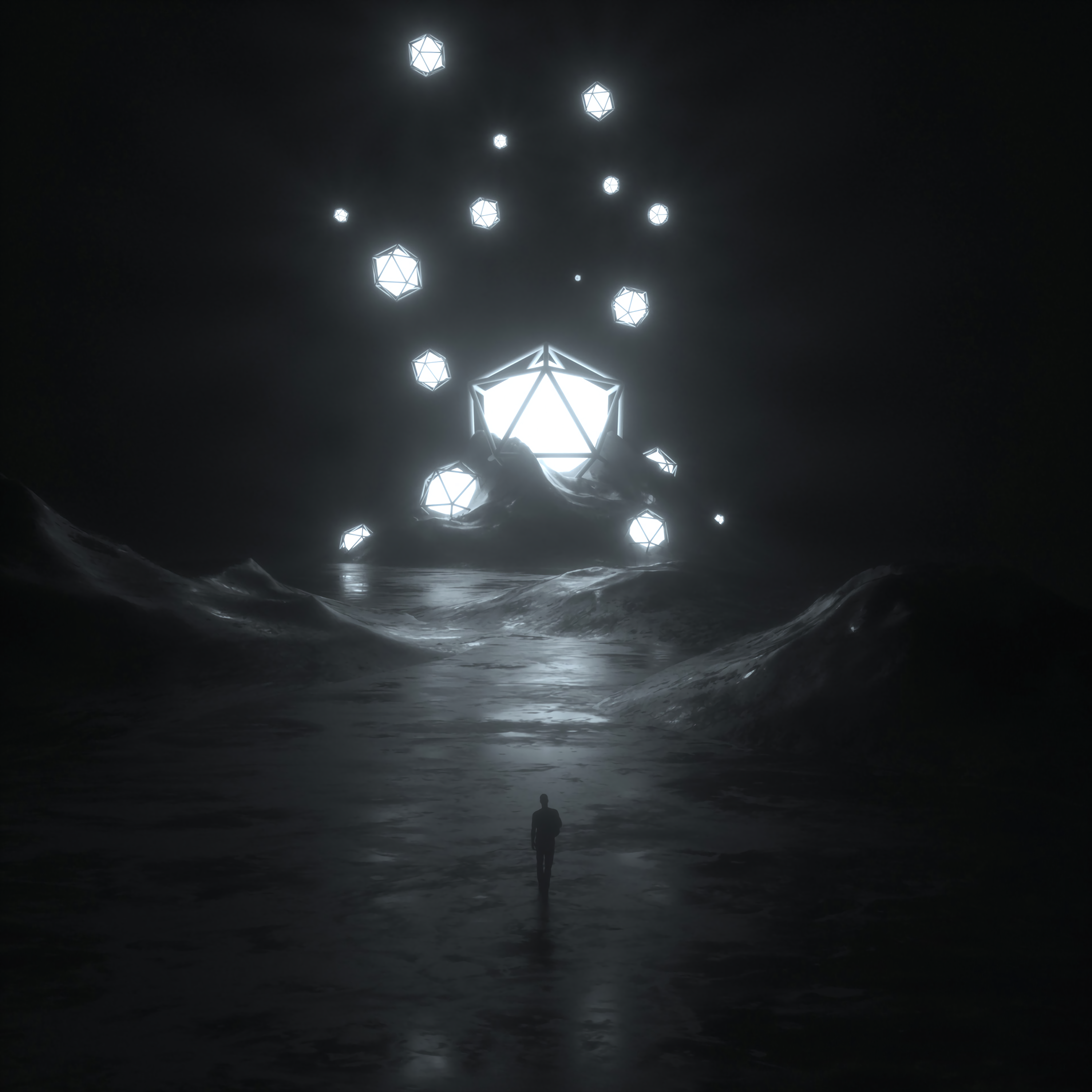 Download wallpaper 3000x3000 silhouette, polyhedrons, bw, dark HD background