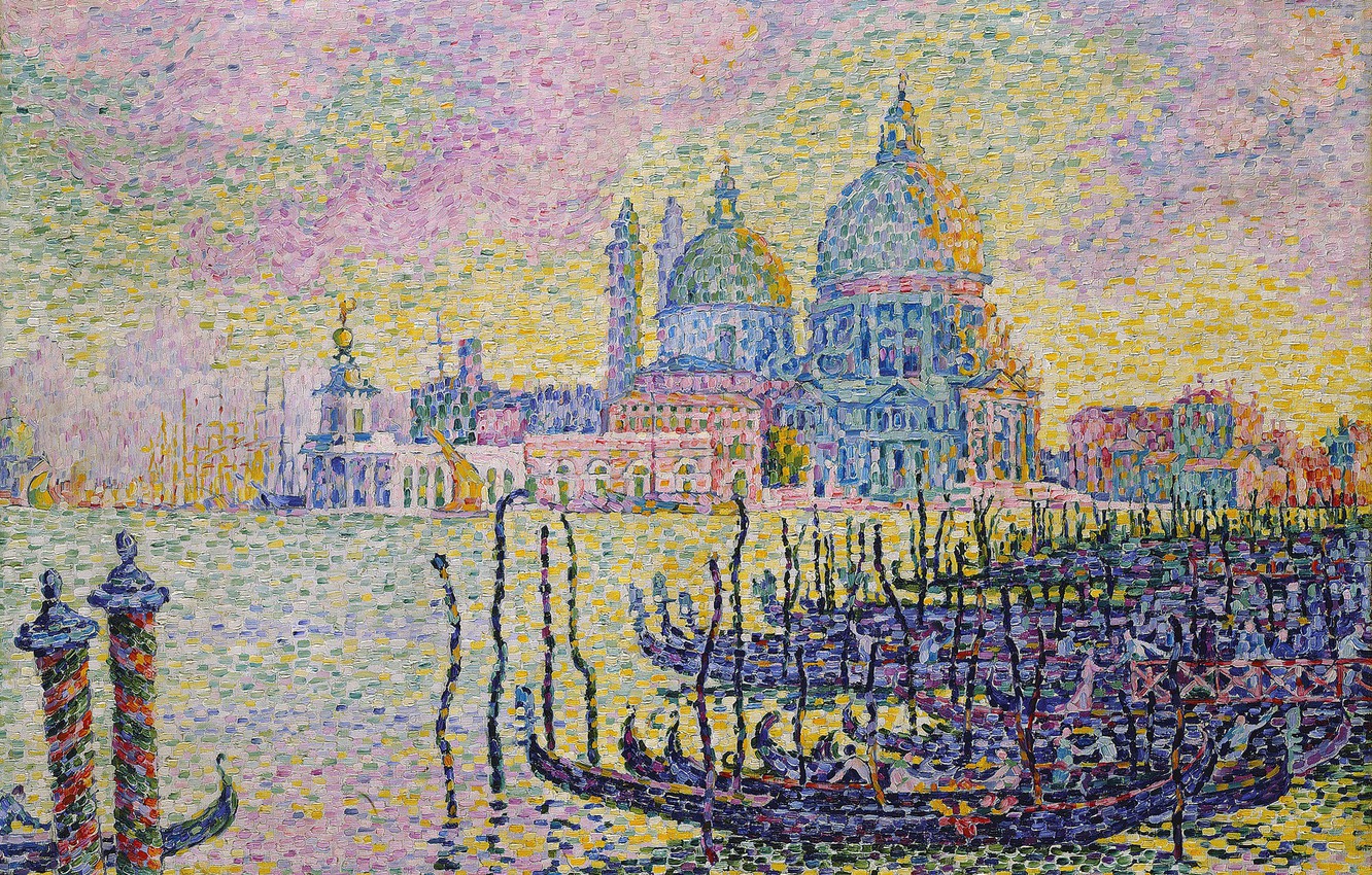 Wallpaper boat, picture, Cathedral, gondola, Paul Signac, pointillism, The Grand Canal. Venice image for desktop, section живопись