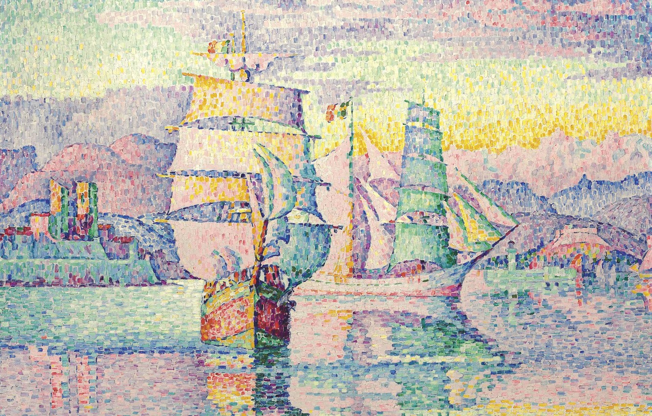 Wallpaper ship, picture, sail, seascape, Paul Signac, pointillism, Antibes. Brigantine image for desktop, section живопись