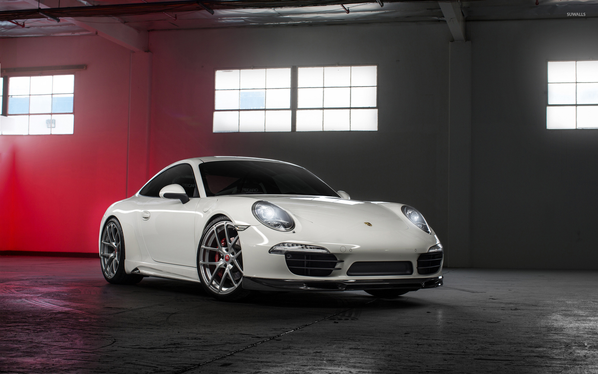 White Porsche 991 in a garage wallpaper
