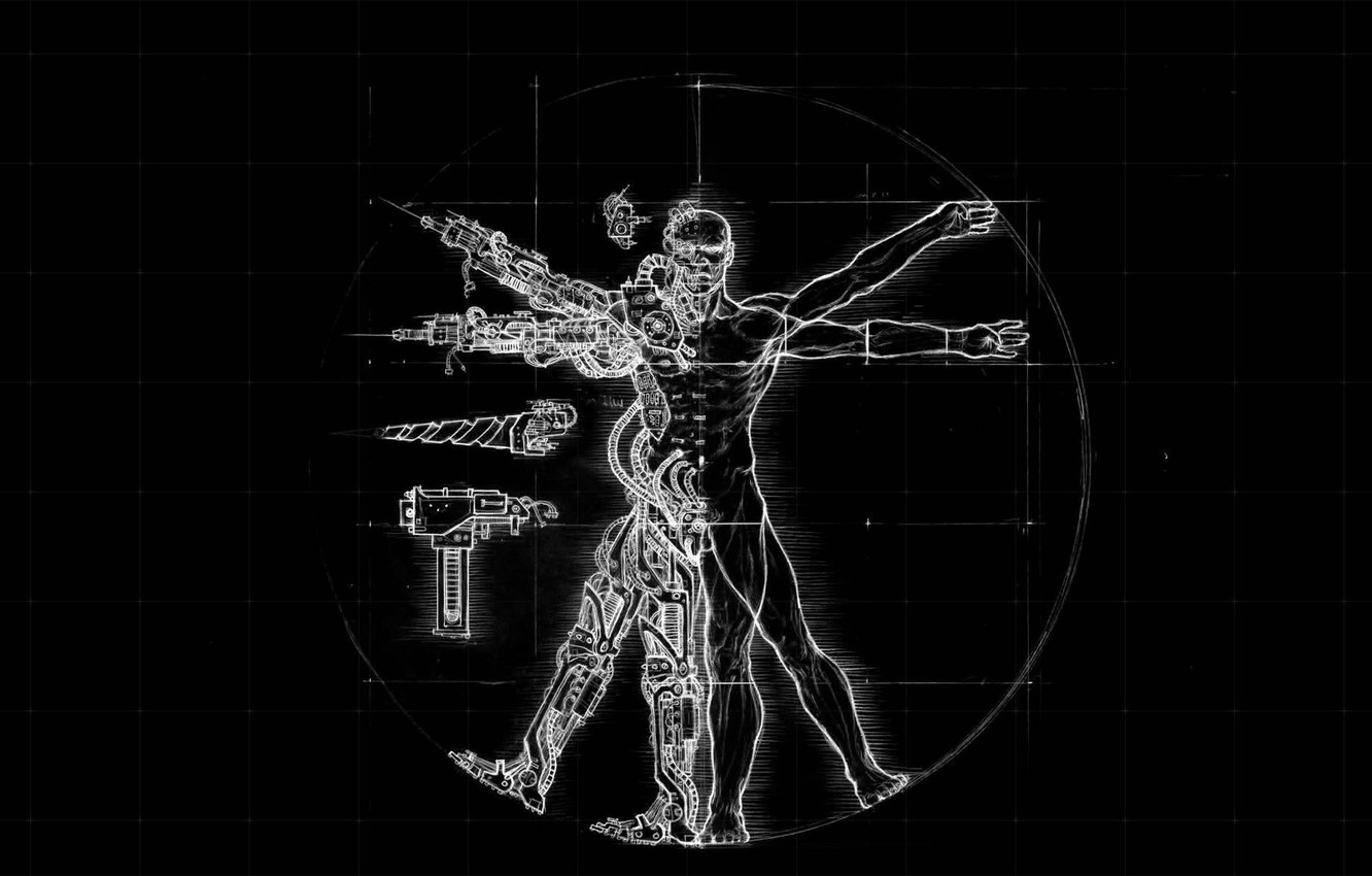 Wallpaper black, figure, people, robot, Leonardo da Vinci, Vitruvian man image for desktop, section стиль