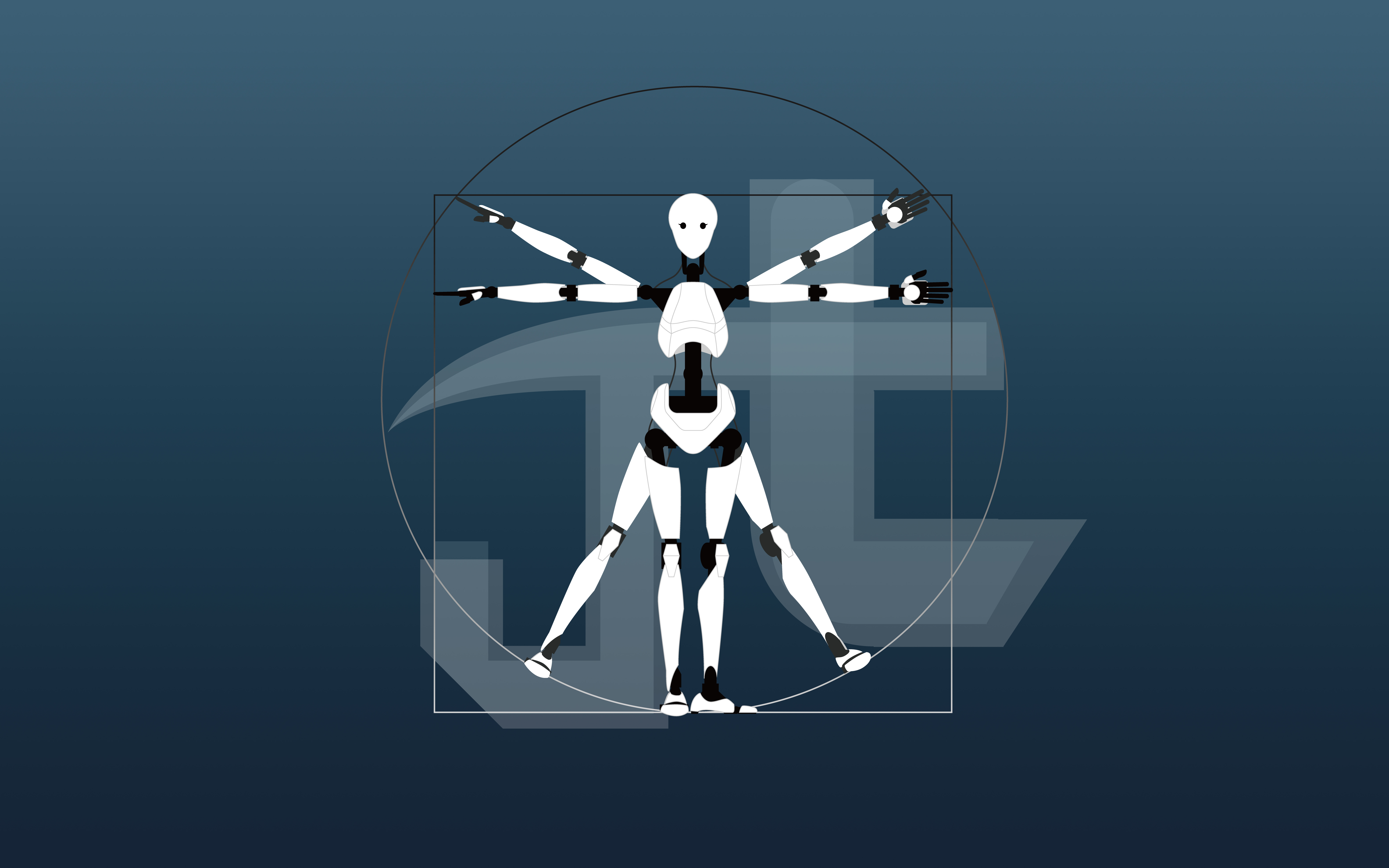 Wallpaper, robot, machine, simple background, digital art, Leonardo da Vinci, Vitruvian Man 8000x5000