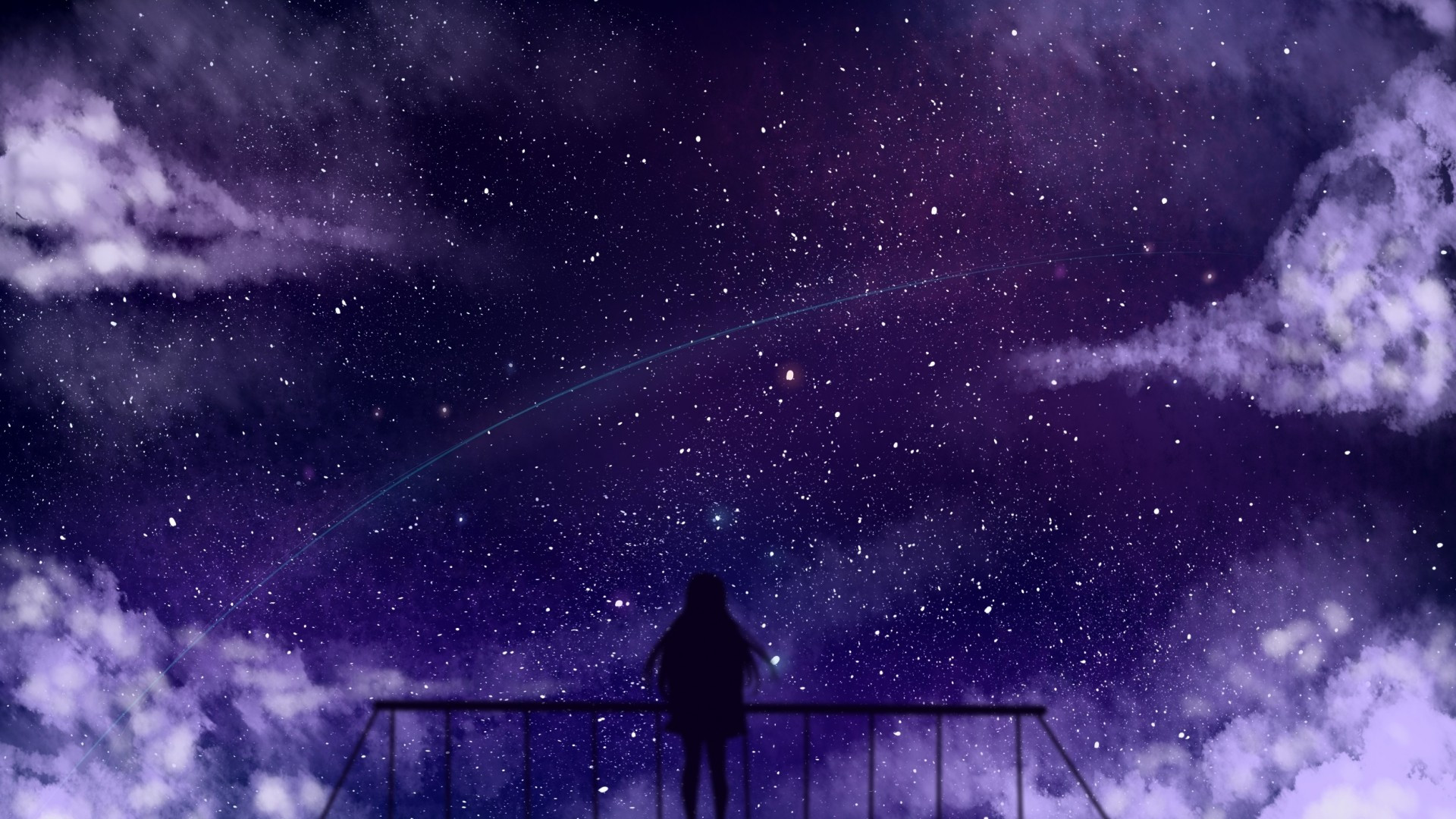 Download 1920x1080 Anime Girl, Stars, Clouds, Fence, Silhouette Wallpaper for Widescreen