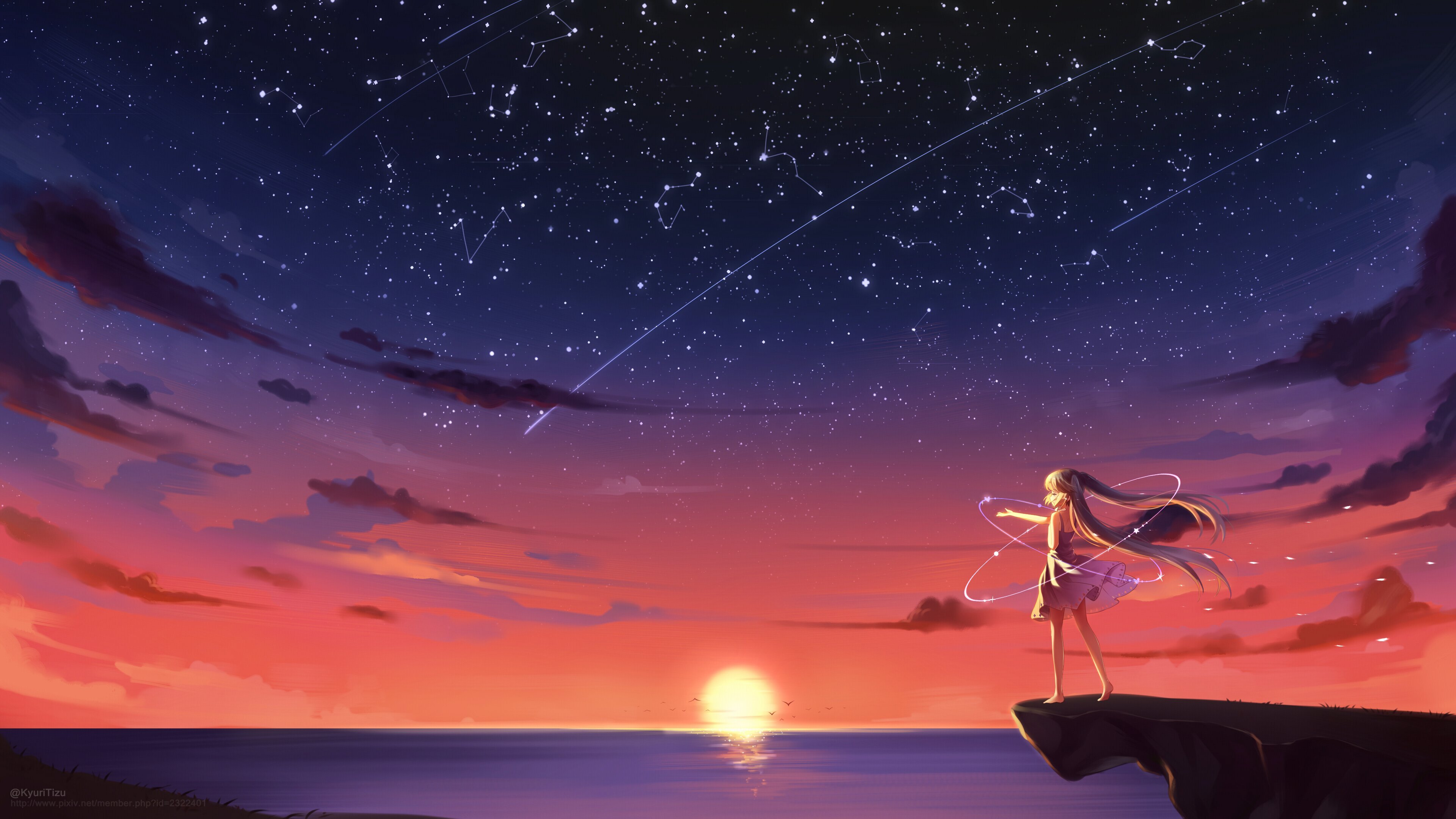 Anime Girl Barefoot Blonde Sky Stars Sunset 4k 4k HD 4k Wallpaper, Image, Background, Photo and Picture