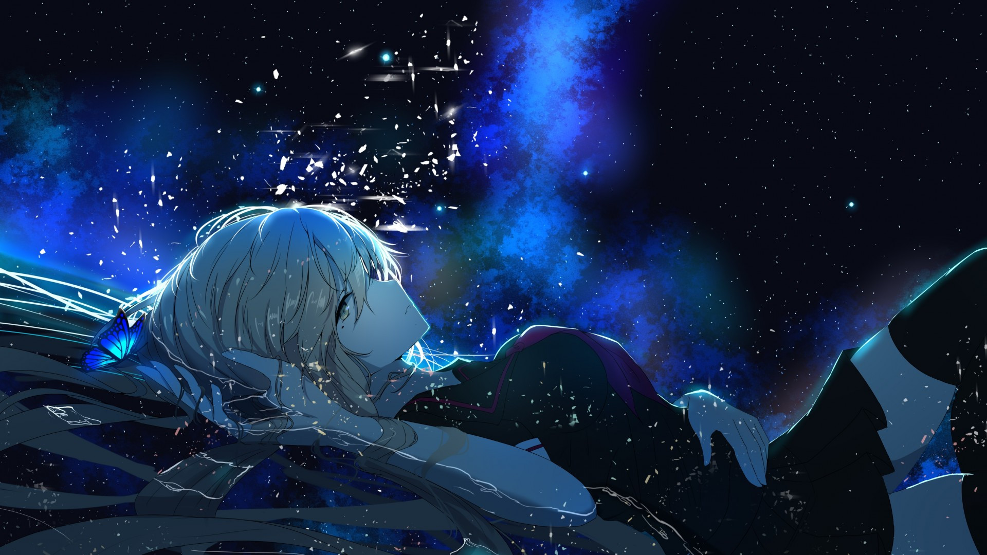 Download 1920x1080 Anime Girl, Lying Down, Butterfly, Profile View, Stars Wallpaper for Widescreen