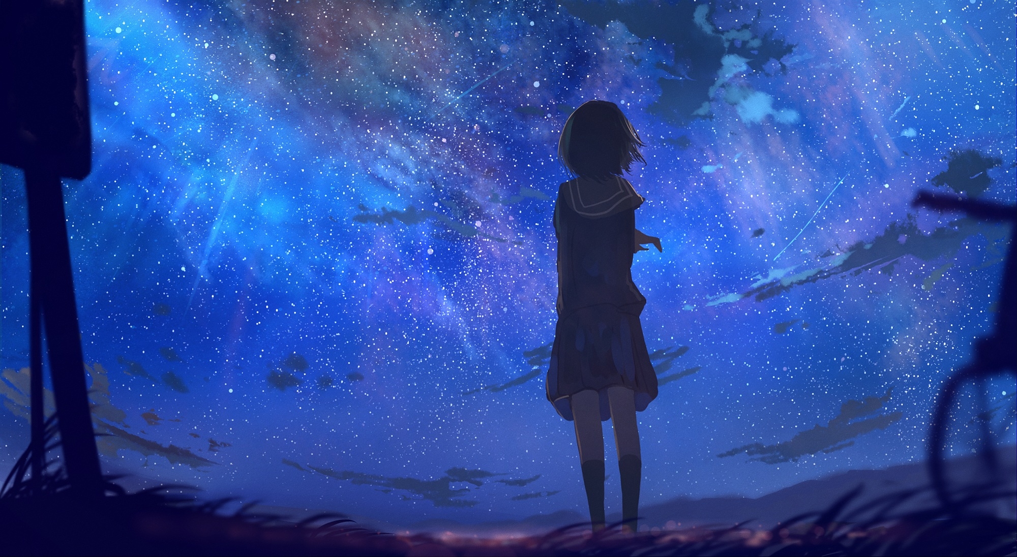Download 2000x1096 Anime Girl, Stars, Scenic, Space, Back View, School Uniform, Sky Wallpaper