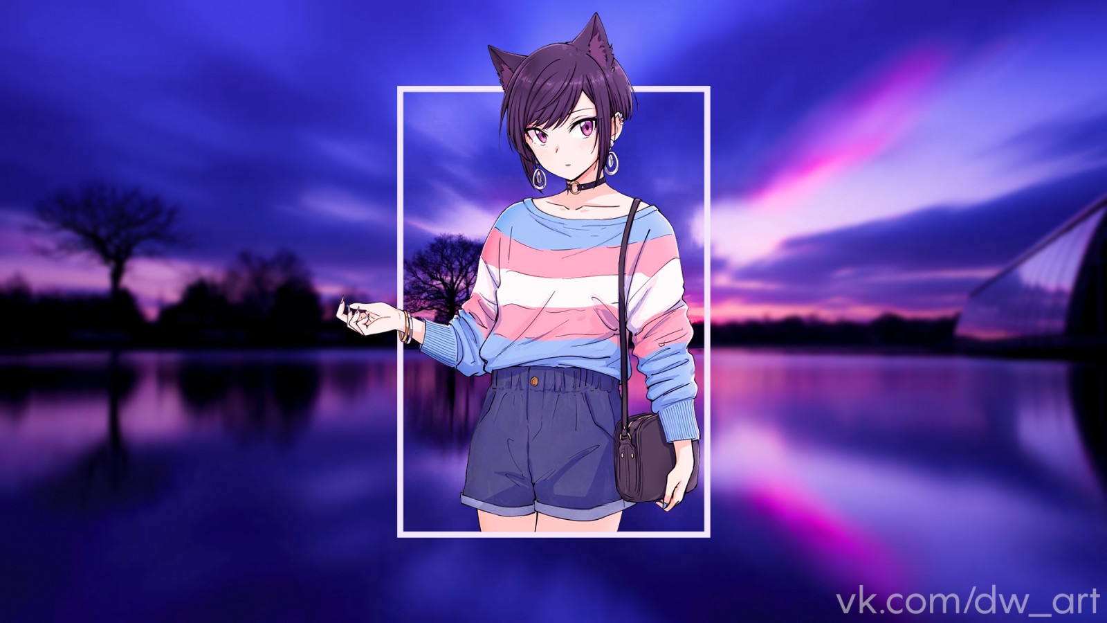 Wallpaper, femboy, anime sky, picture in picture, purple eyes, animal ears 1920x1080