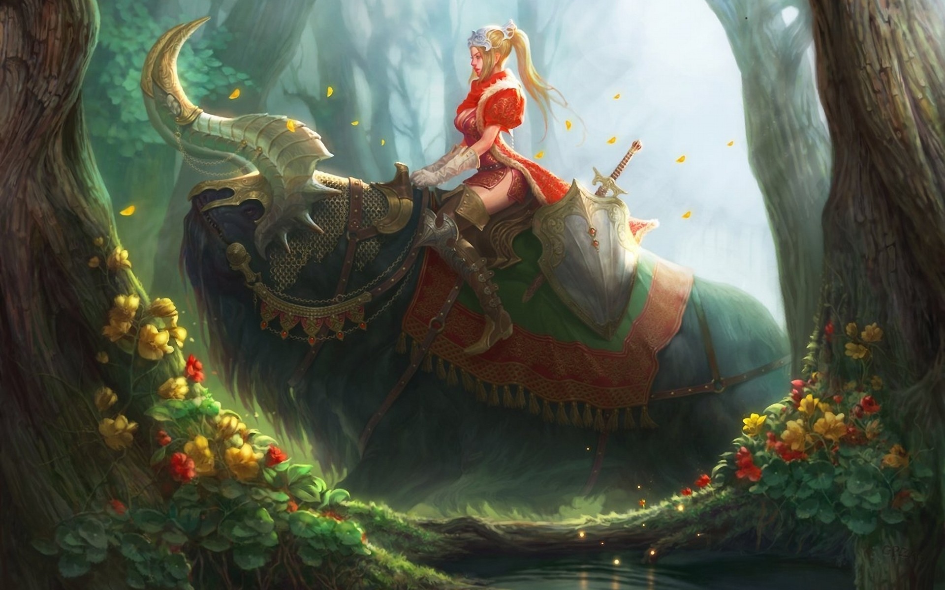 Wallpaper, fantasy art, artwork, anime, forest, nature, creature, warrior girls 1920x1200