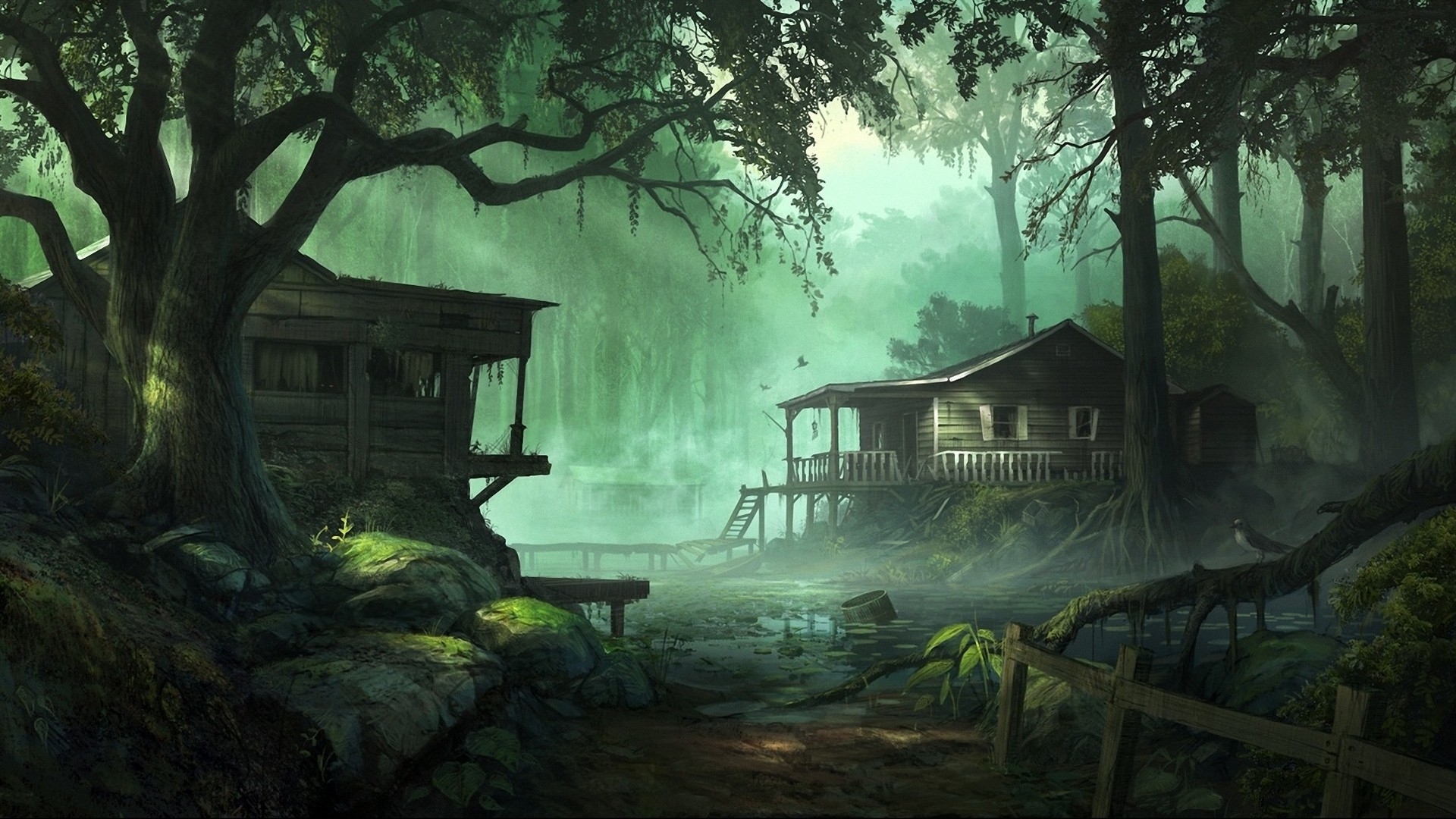 Hut, Forest, Painting, Rocks Village Fantasy Art