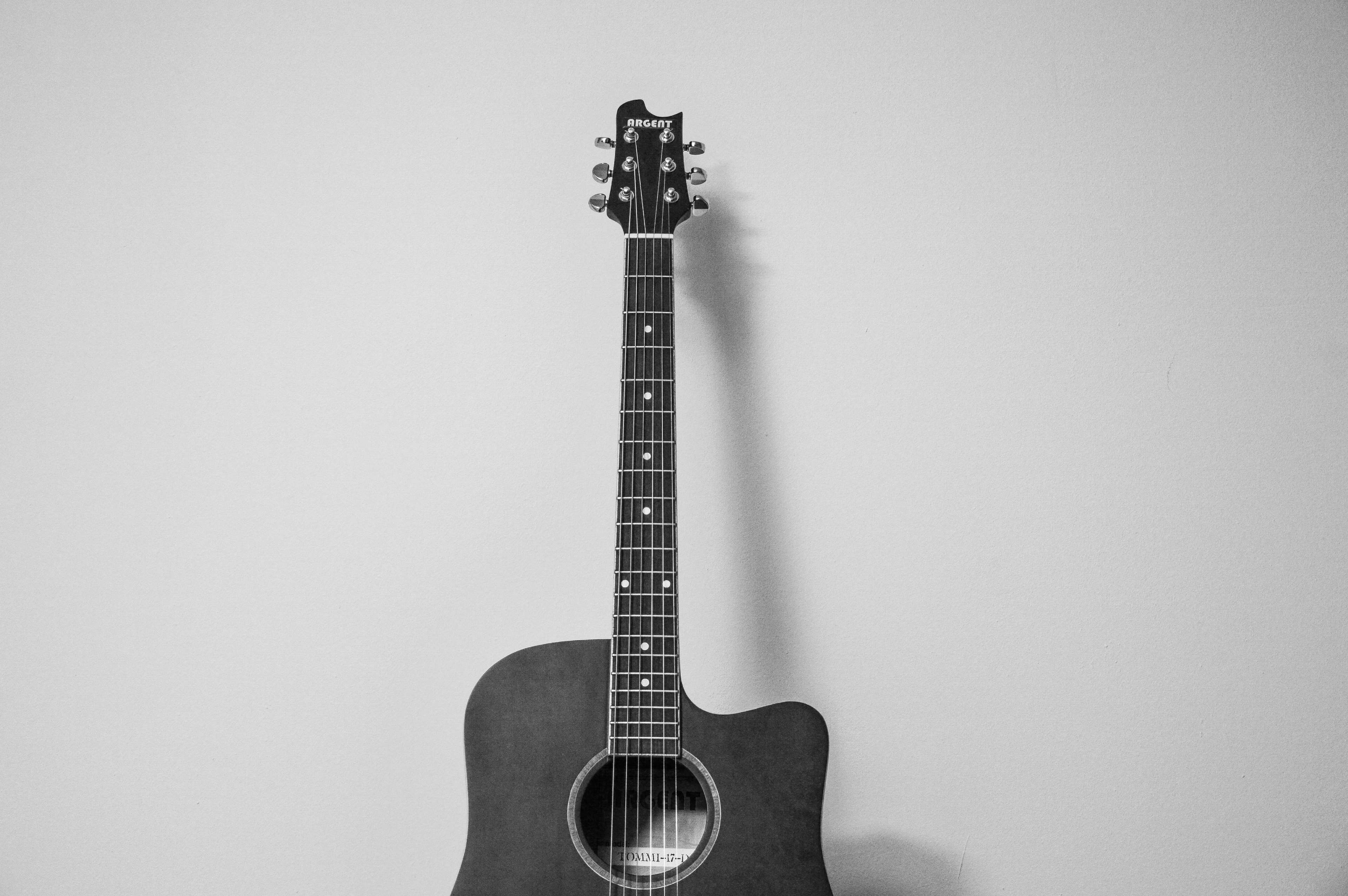 black and white, gray, guitar, music, string instrument 4k wallpaper