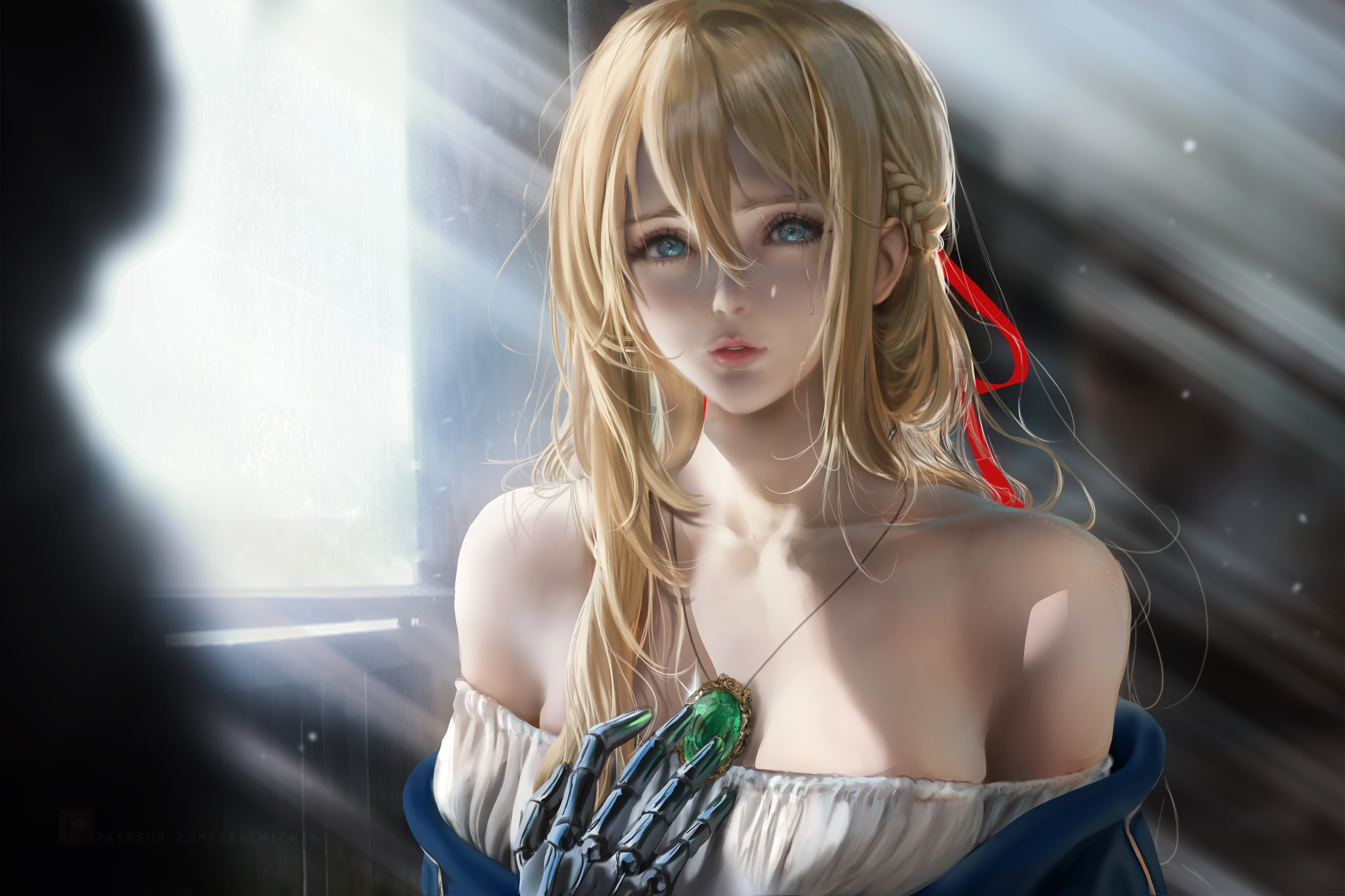 Wallpaper, Violet Evergarden, anime girls, blonde, bangs, long hair, Braided hair, hair ribbon, looking at viewer, portrait, blue eyes, crying, tears, necklace, bare shoulders, steampunk, window, sun rays, fantasy girl, artwork