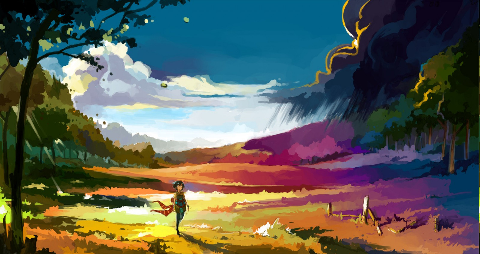 Wallpaper, landscape, colorful, painting, illustration, anime, nature, grass, sky, artwork, mount scenery, ART, tree, mountain, meadow, computer wallpaper, ecosystem, acrylic paint, watercolor paint, ecoregion, 1620x859 px, visual arts, theatrical