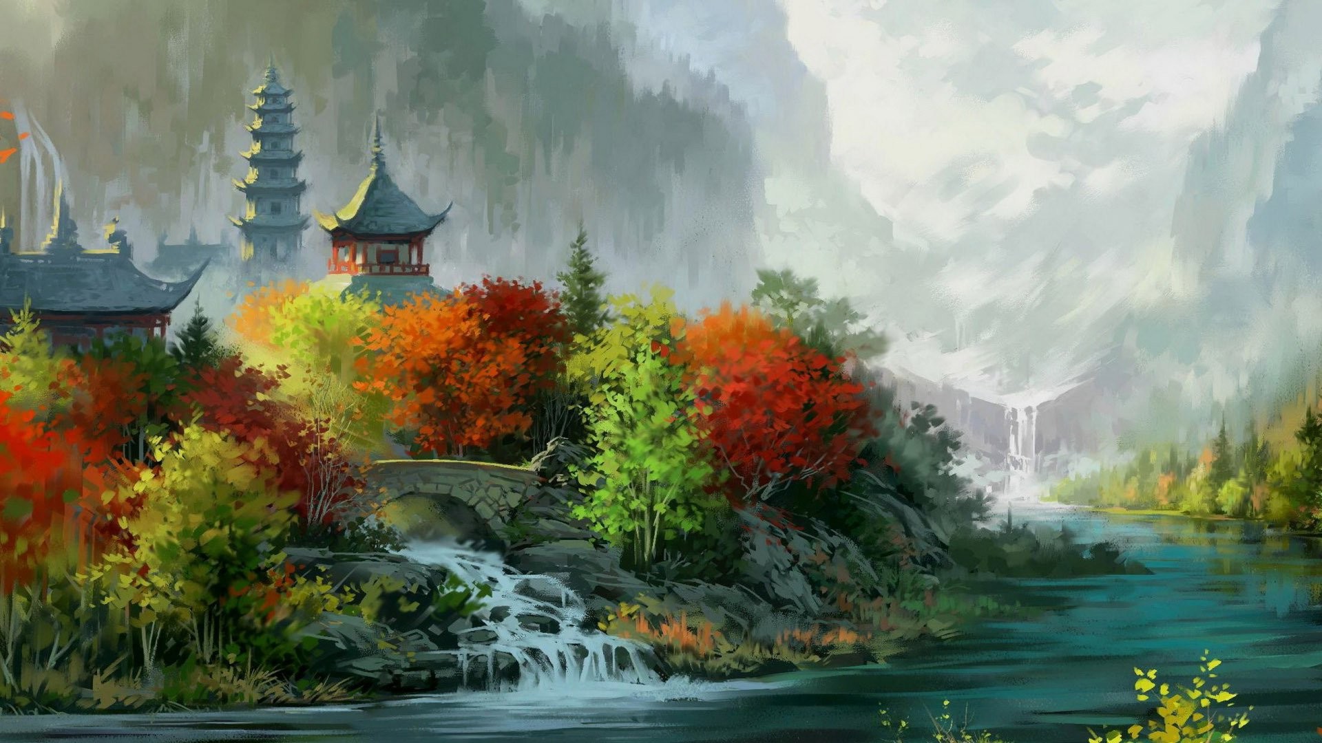 Wallpaper, trees, landscape, painting, forest, fall, leaves, waterfall, digital art, Asian architecture, lake, nature, sky, artwork, house, tower, bridge, river, valley, Bank, mount scenery, ART, tree, autumn, leaf, mountain, watercourse, 1920x1080