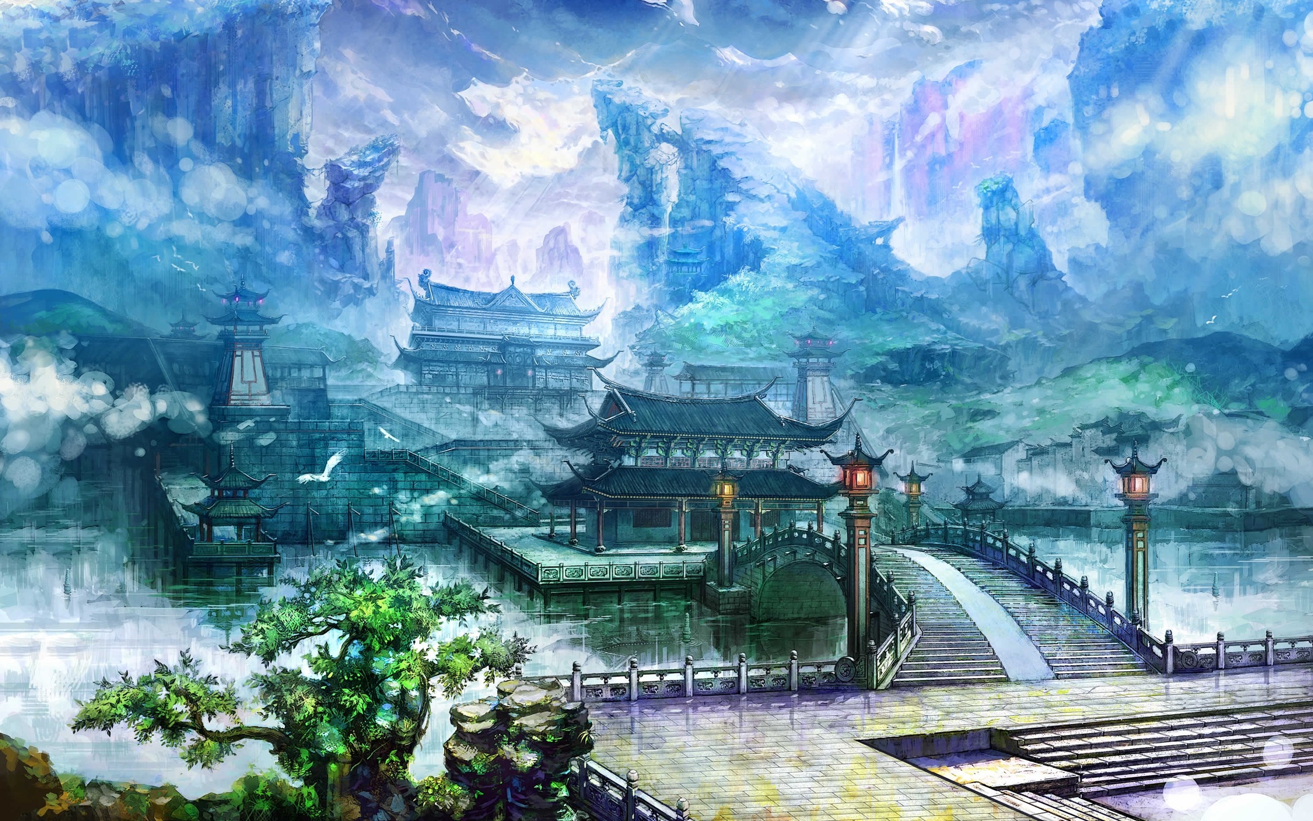 Download wallpaper 1366x768 chinas ancient town dragon fantasy art  tablet laptop 1366x768 hd background 27877