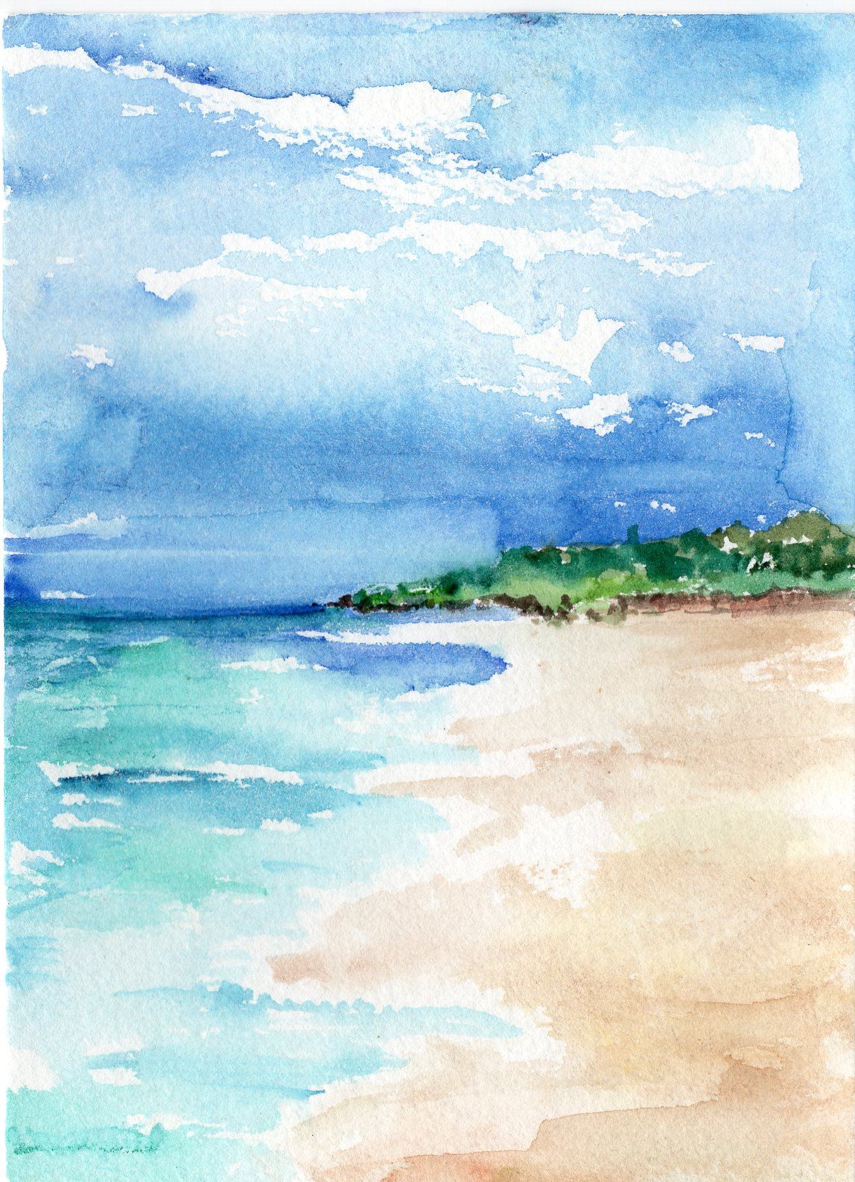 Aruba original watercolor painting beach, ocean art, sea waves 5 x 7 coastal beach decor. Watercolor landscape paintings, Watercolor ocean, Ocean paintings on canvas