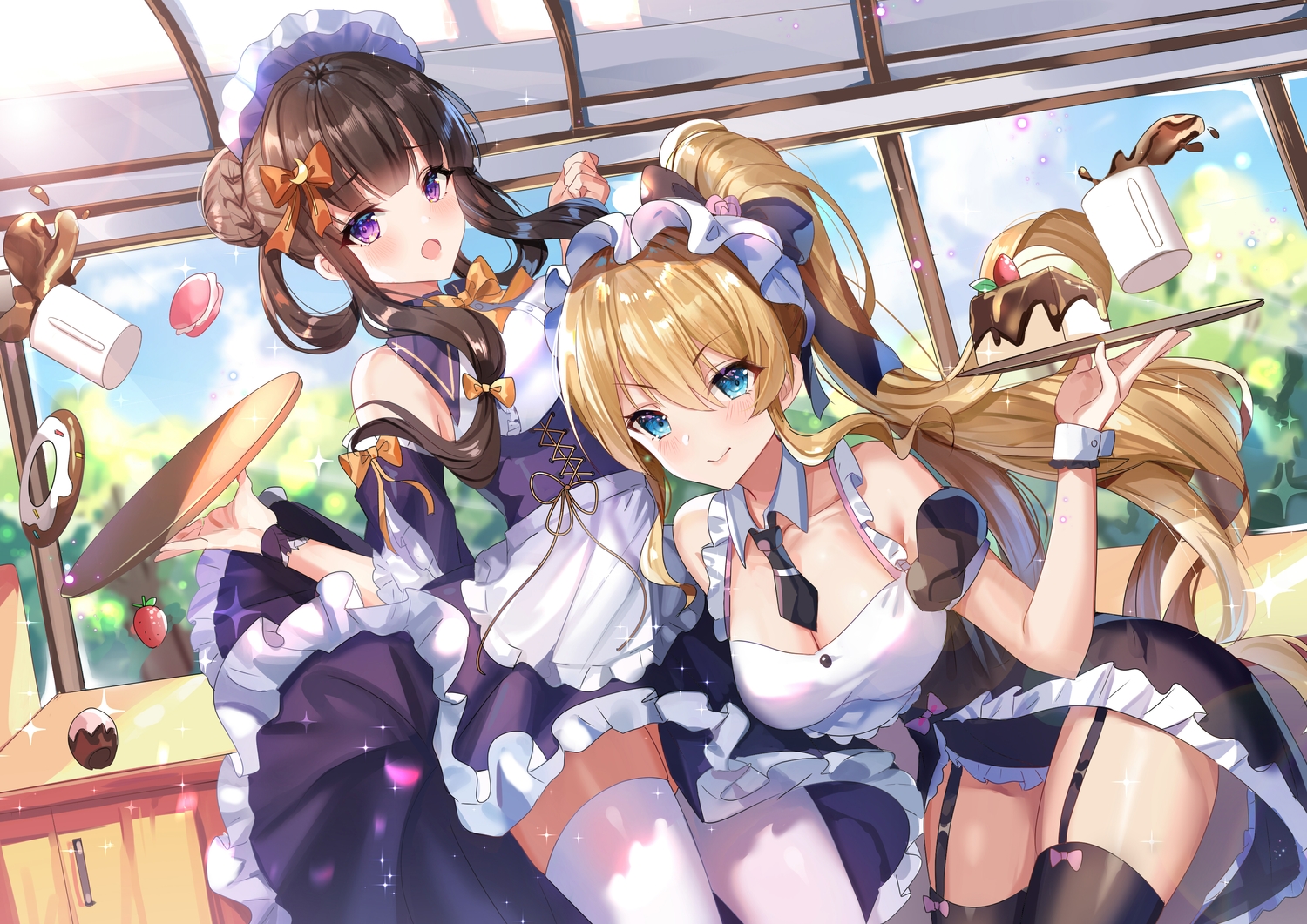 2girls drink food garter belt gejigejier girl cafe gun (game) juno emmons kikuri yuki maid waitress. konachan.com.com Anime Wallpaper