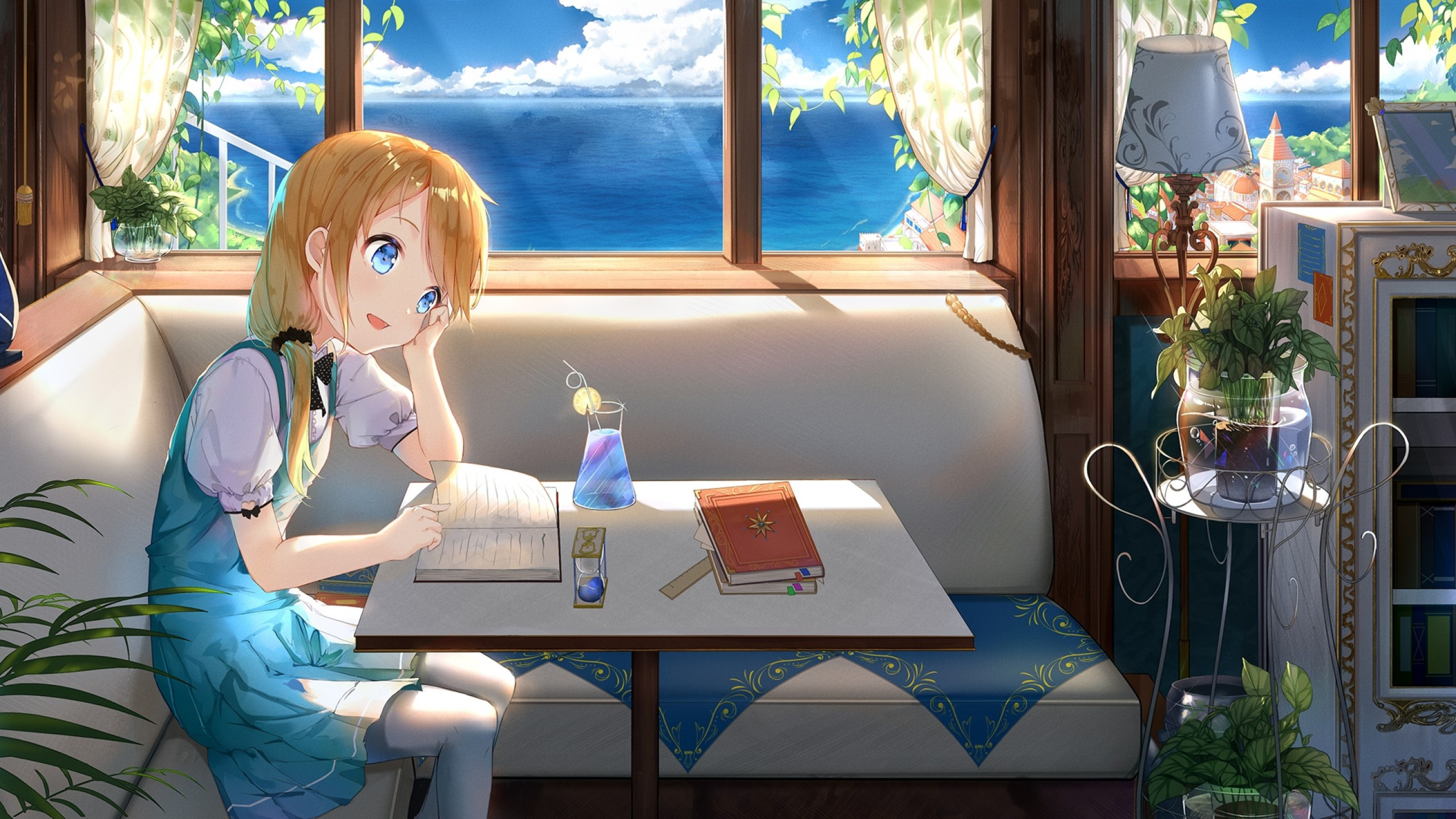 Download 2560x1440 Anime Girl, Blonde, Cafe, Couch, Ocean, Blue Eyes Wallpaper for iMac 27 inch