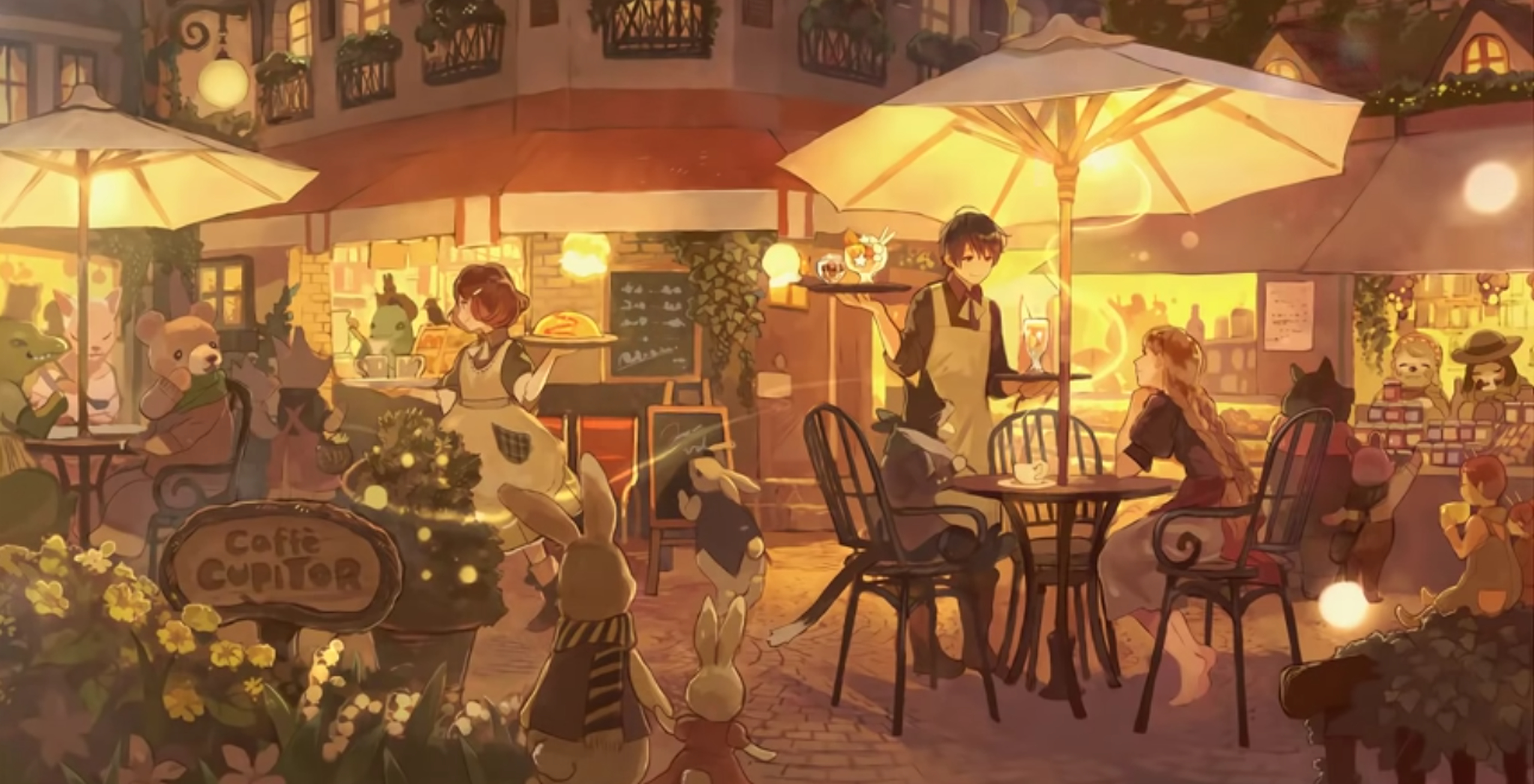 Anime Cafe Night Lights Outdoors Flowers Animals Rabbits Anime Girls Anime Boys Wallpaper:4092x2092