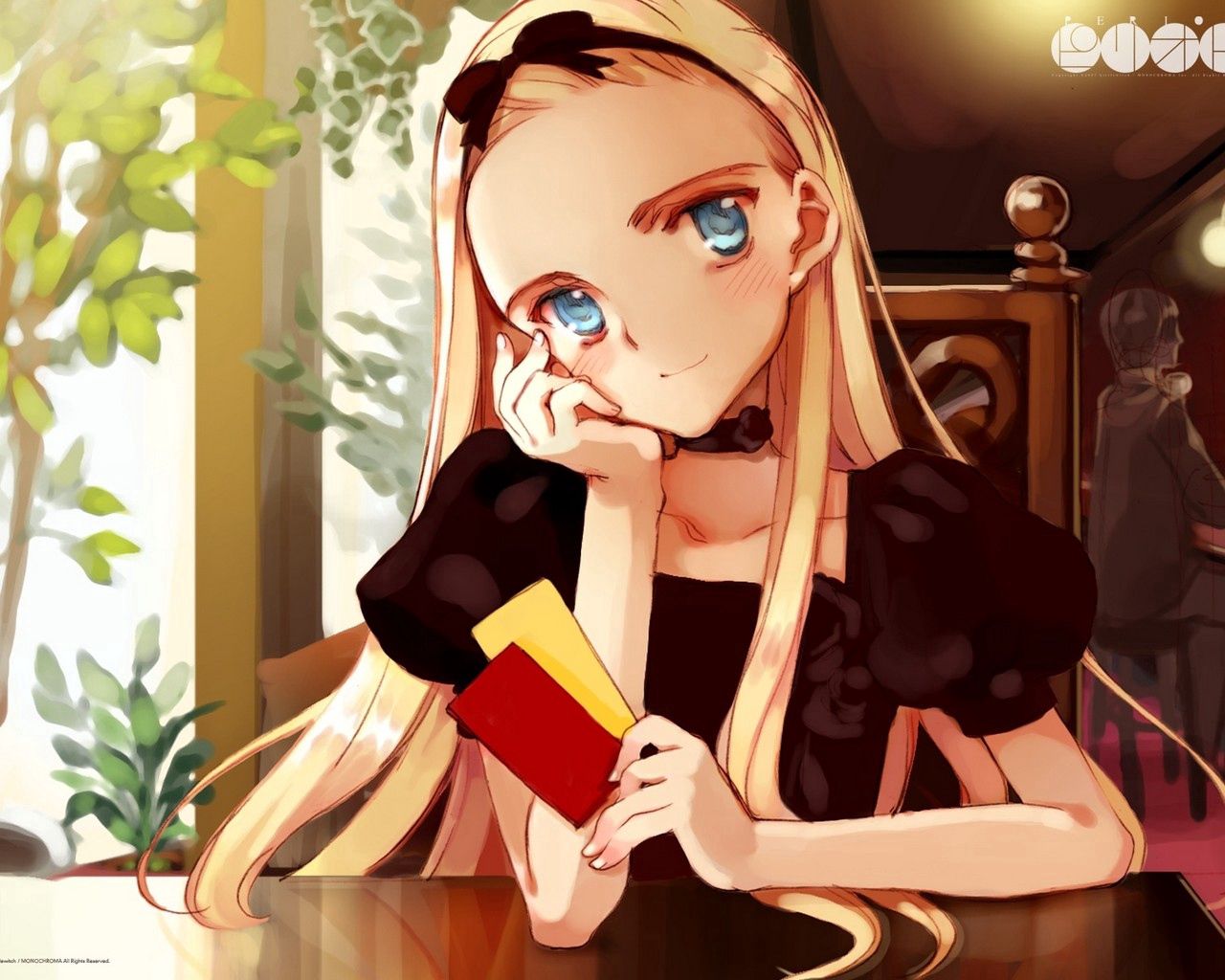 Download wallpaper 1280x1024 anime, girl, blonde, cafe, cards, look HD background