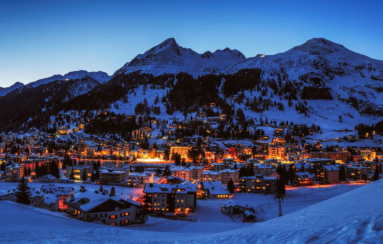Wallpaper winter, the sky, snow, trees, mountains, lights, home, the evening, Switzerland, town, Davos image for desktop, section пейзажи