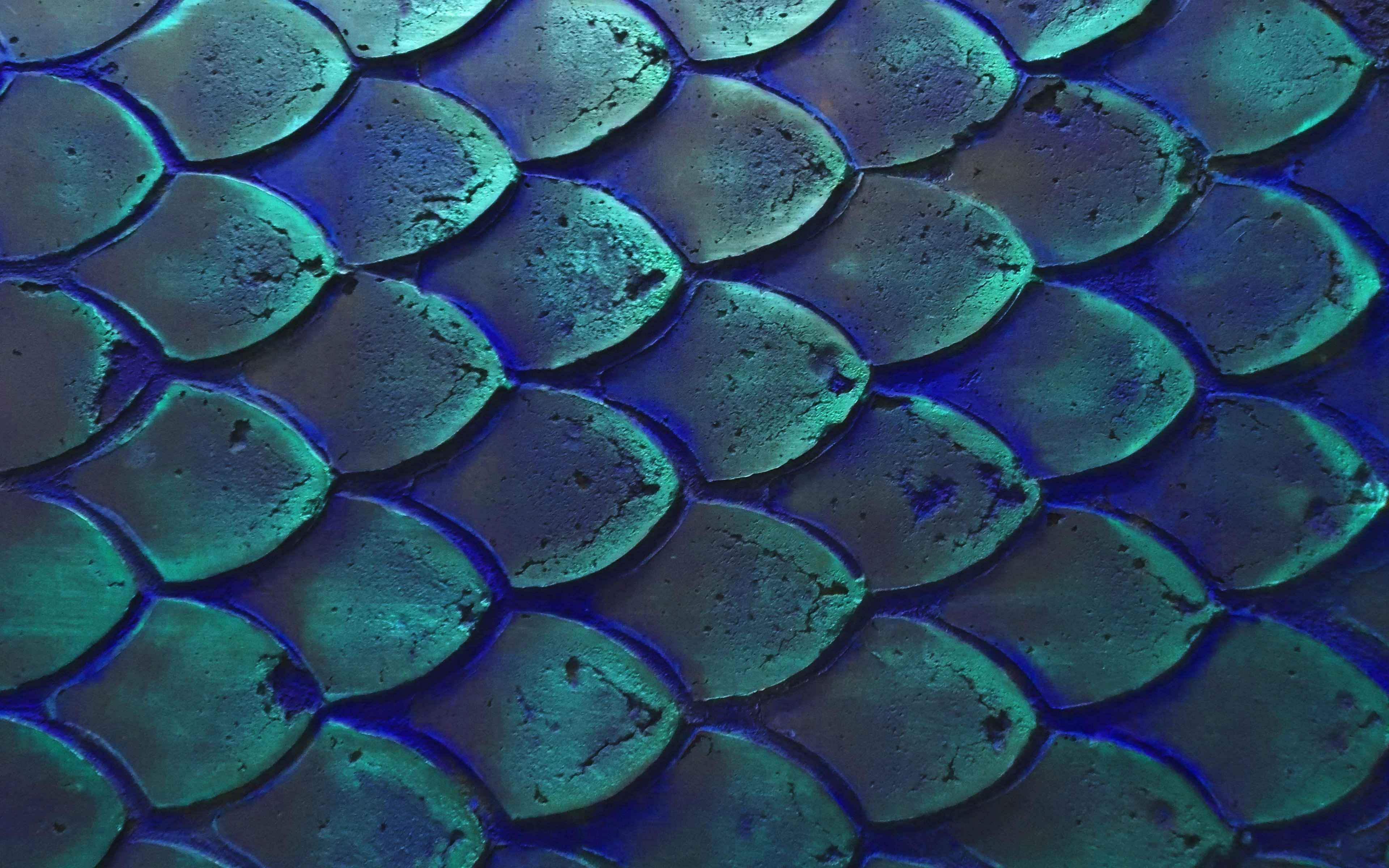 Download wallpaper fish scales, 4k, macro, scales textures, 3D textures, background with scales, blue background, scales for desktop with resolution 3840x2400. High Quality HD picture wallpaper