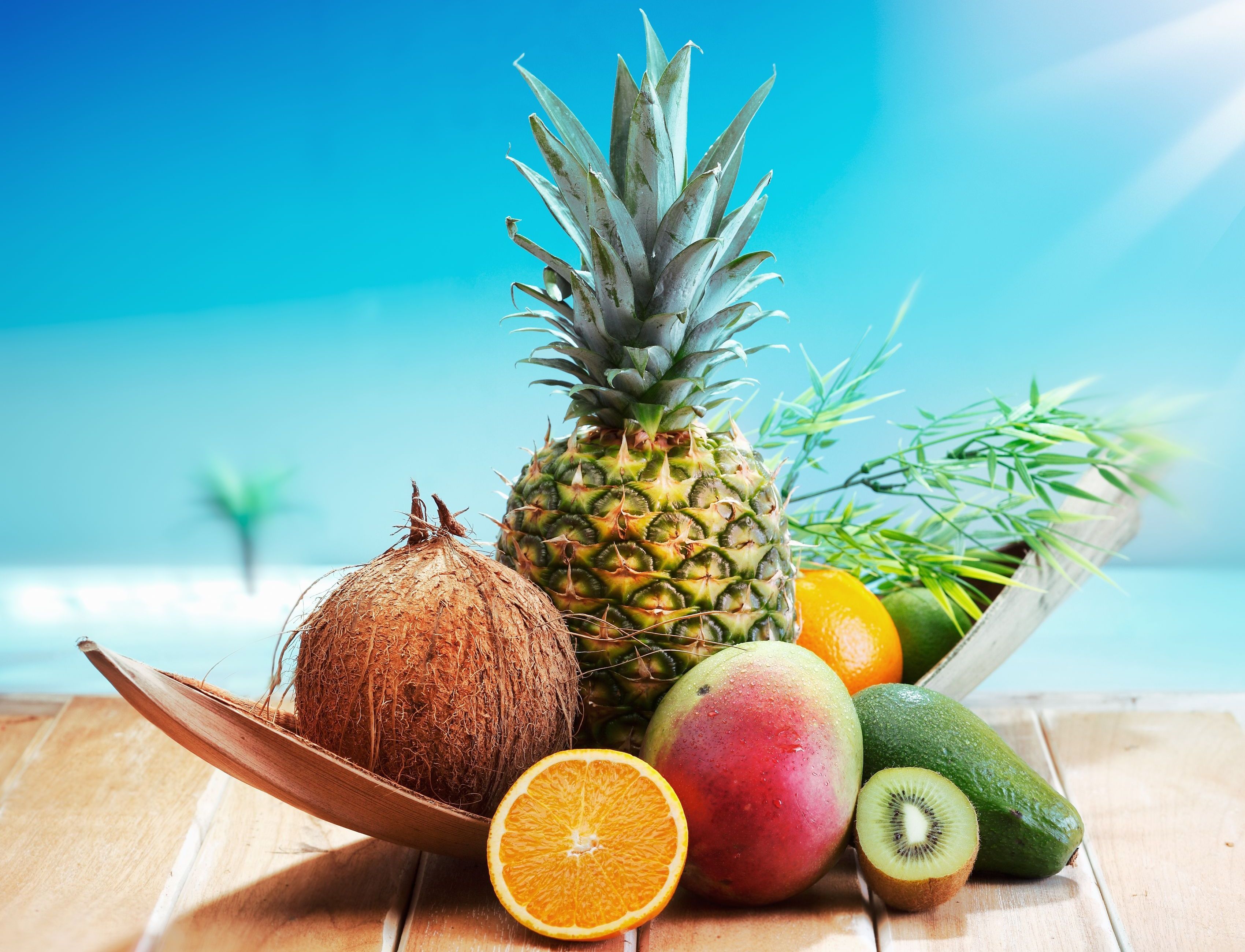 Wallpaper, food, branch, fruit, orange, Avocado, pineapple, kiwi, coconut, mango, produce, land plant, flowering plant 3400x2600