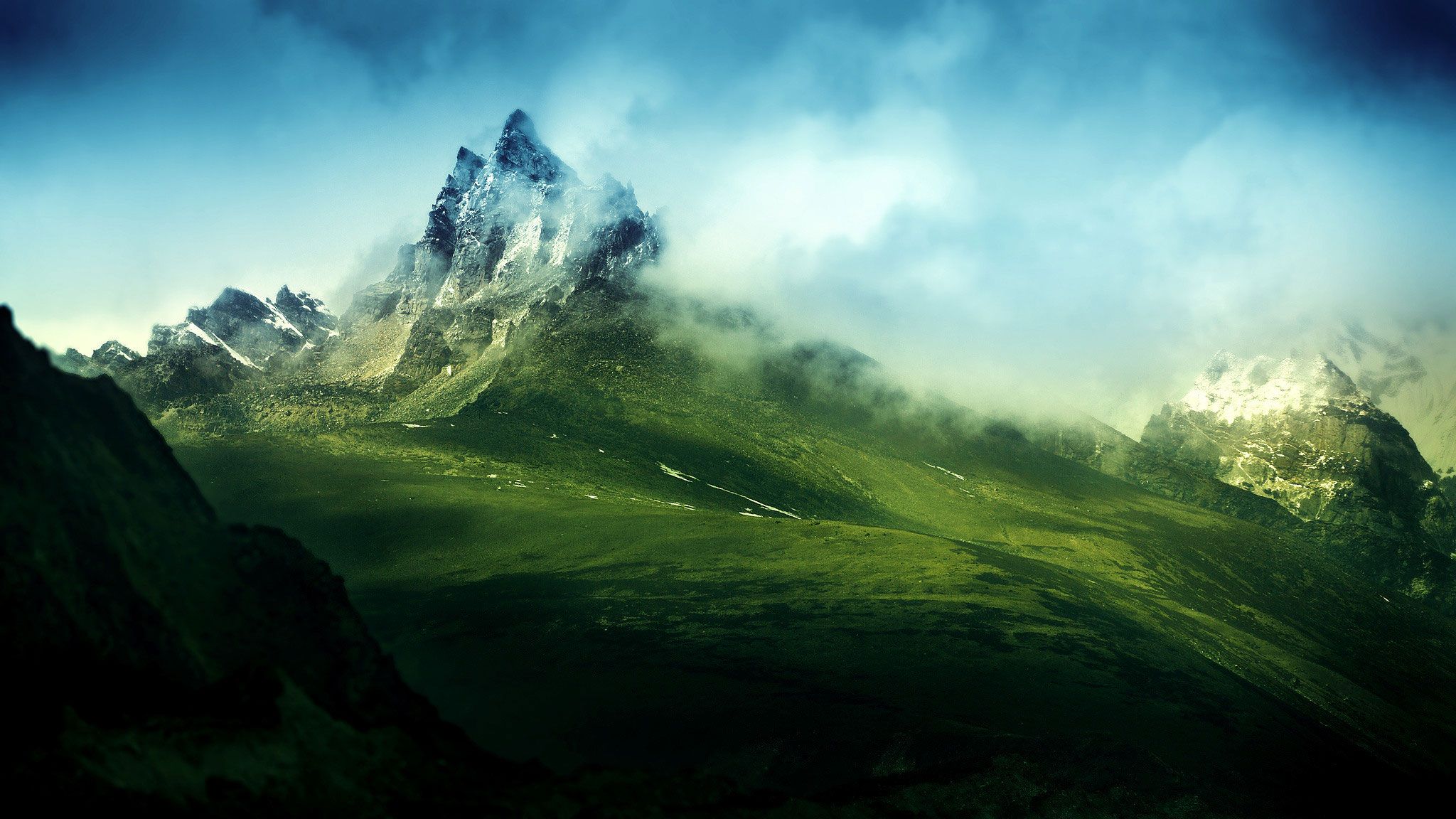 Wallpaper Green Misty Mountains 2048x1152 x1152