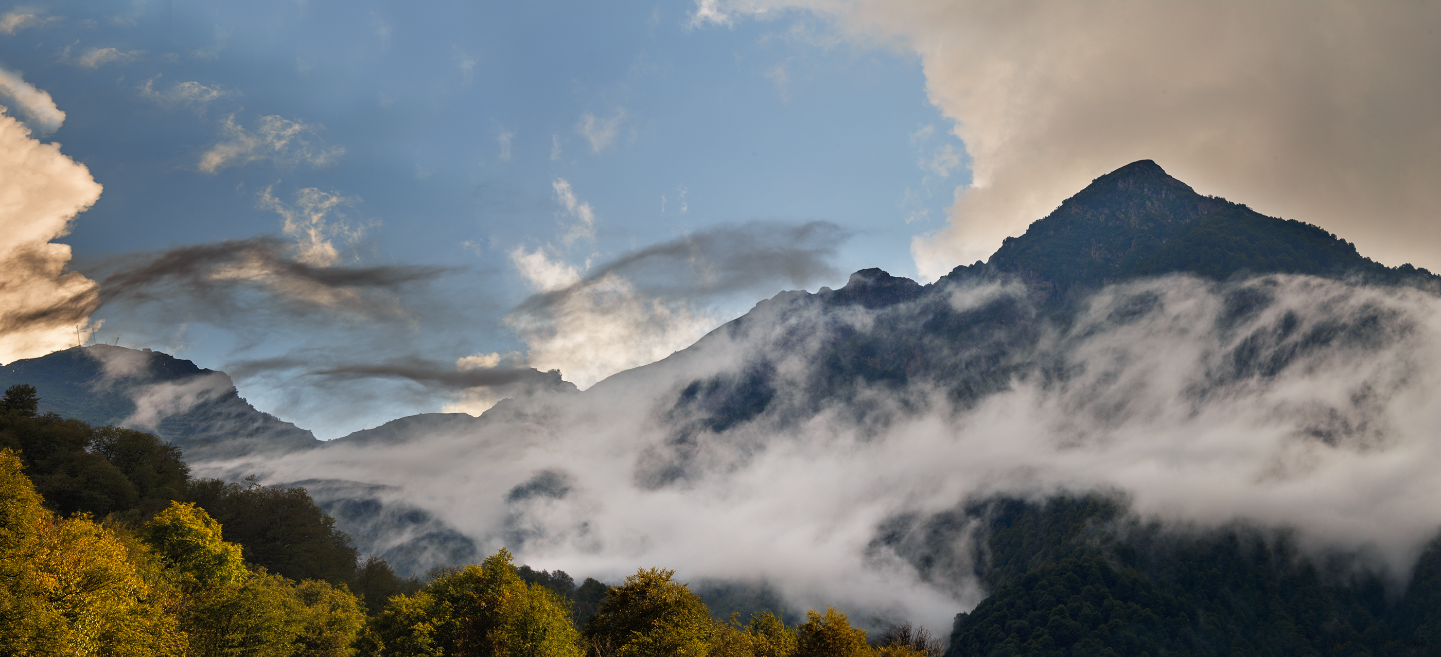 Wallpaper, Caucasus Mountains, clouds, mist 2800x1277