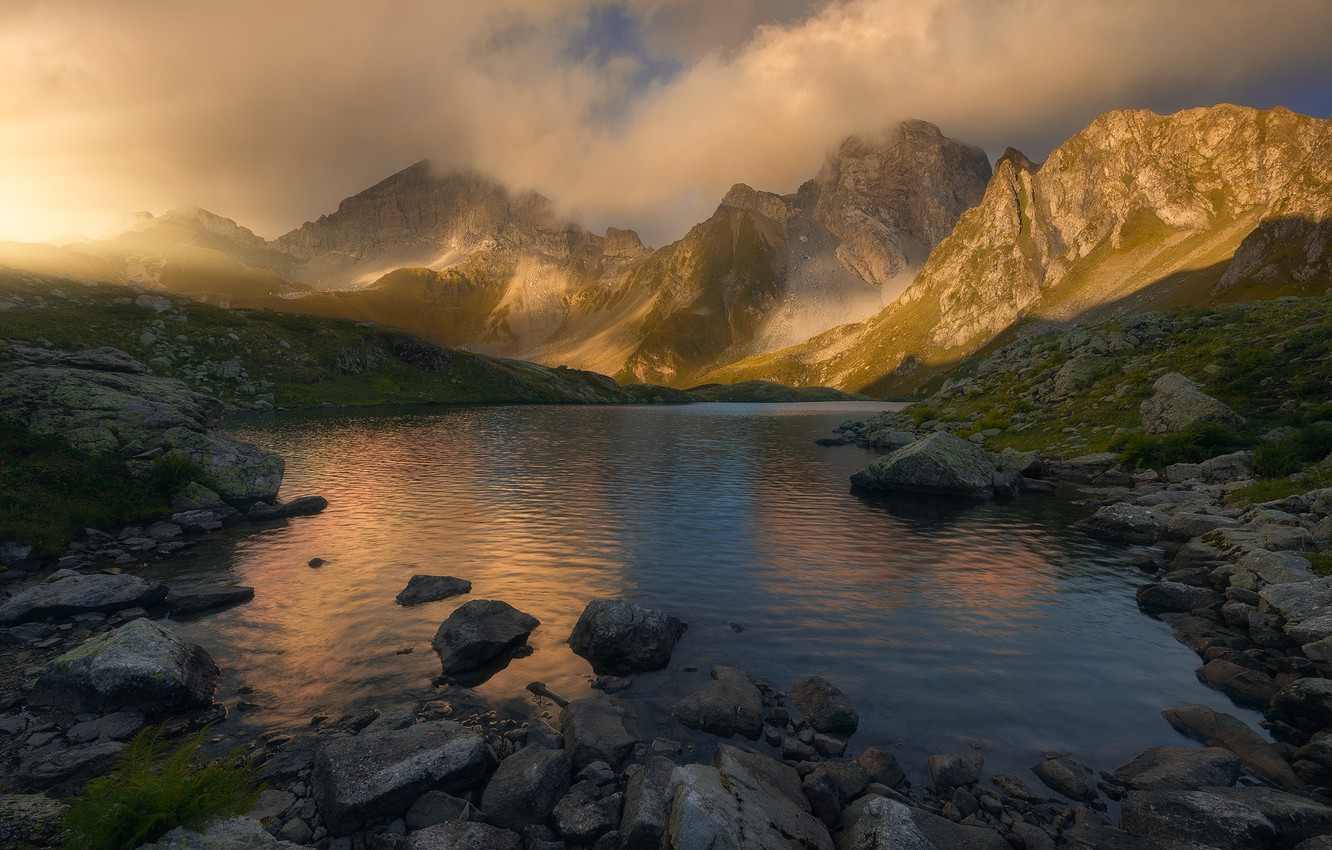Wallpaper Clouds, Landscape, Mountains, Nature, Lake, The Caucasus, KCR, Karachay Cherkessia, Загедан Image For Desktop, Section пейзажи