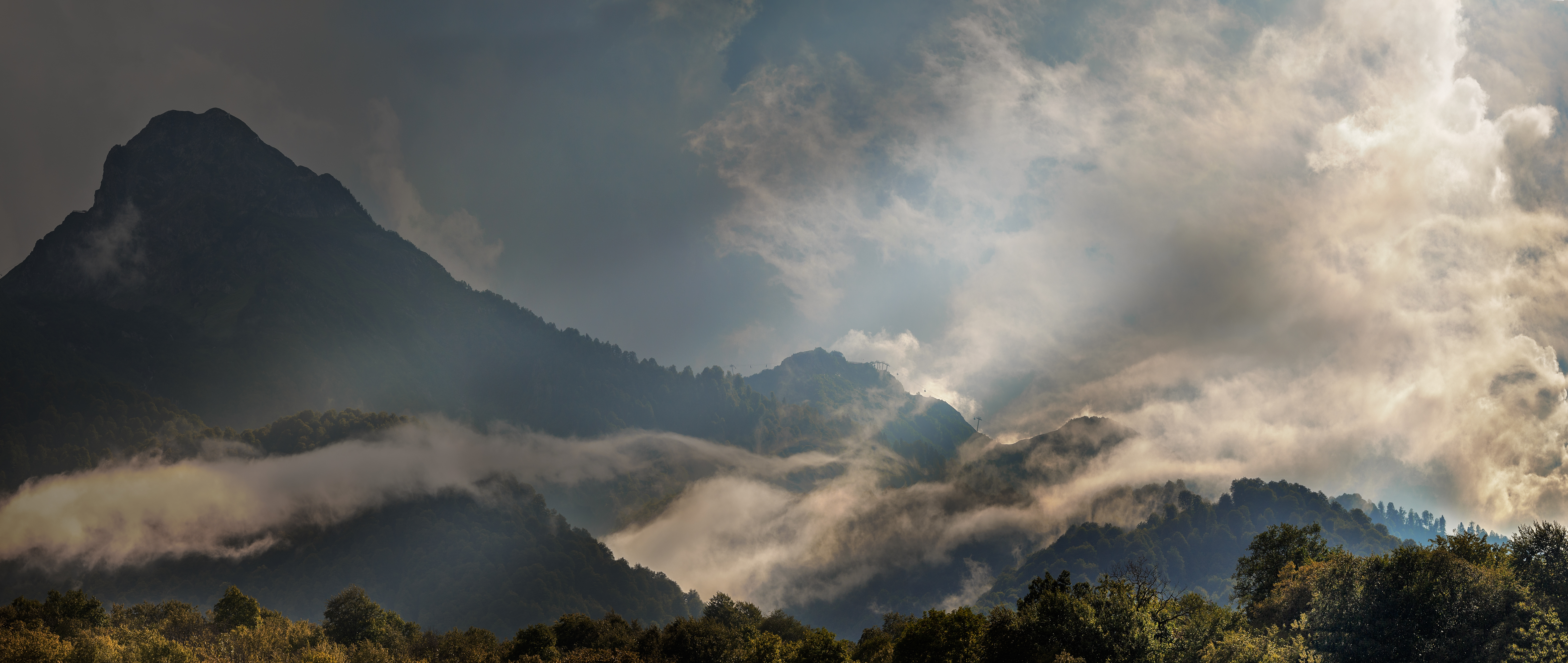 Wallpaper, Caucasus Mountains, clouds, mist 6250x2642