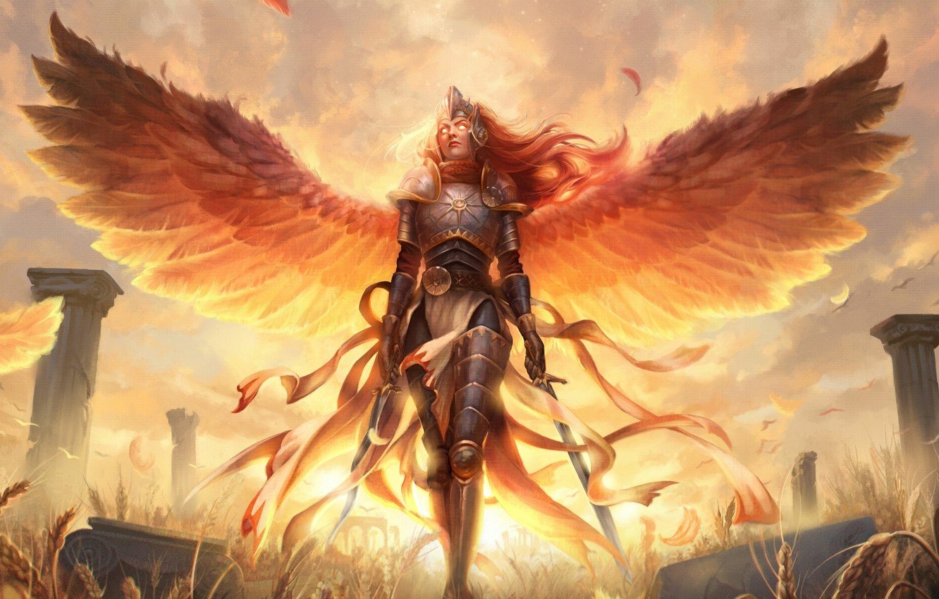 Wallpaper Valkyrie, burning eyes, valkyrie, swords in the hands, Magic the Gathering, armor plate, wingspan image for desktop, section игры