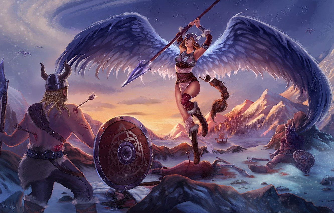 Wallpaper mountains, wings, warrior, art, spear, battle, arrows, Valkyrie, Viking, wounds? snow image for desktop, section фантастика