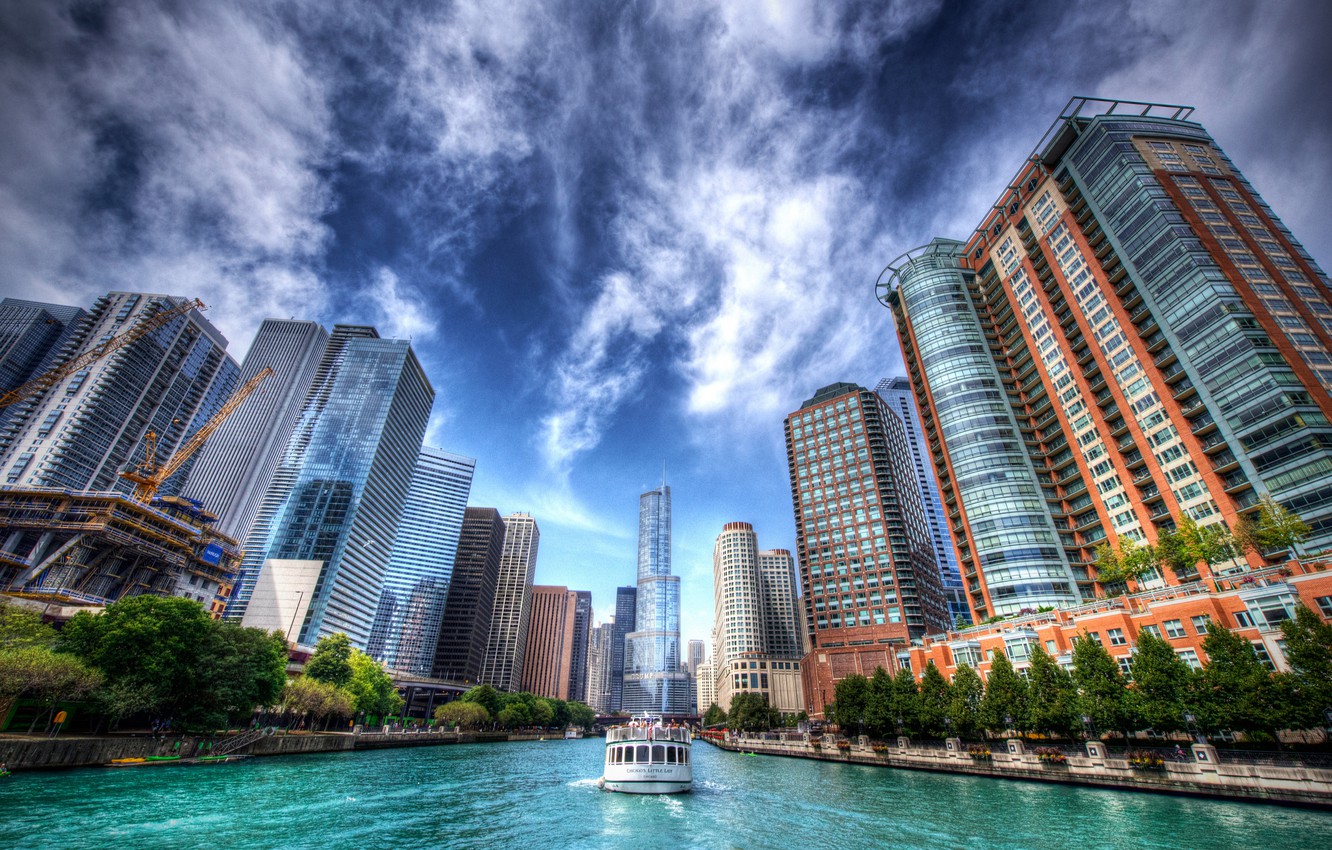 Wallpaper the sky, river, building, hdr, Chicago, Il, Chicago, Illinois, skyscrapers, ship, Chicago River, the Chicago river image for desktop, section город