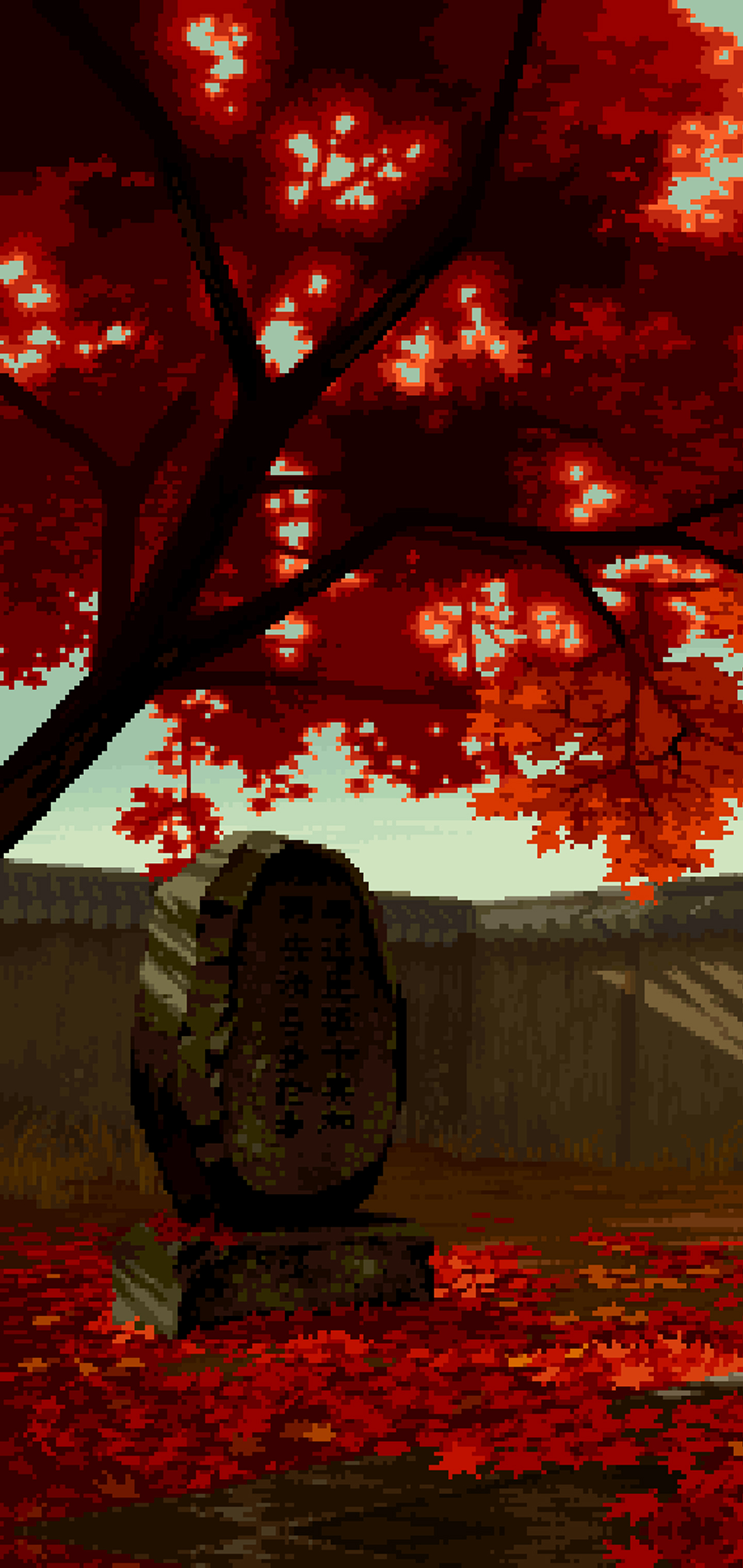 Wallpaper, pixel art, trees, fall, Japan 1440x3040