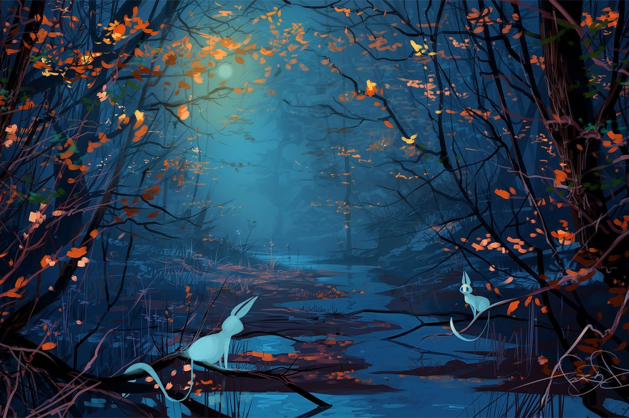 Download 2560x1700 Rabbits, Stream, Autumn, Forest, Digital Art Wallpaper for Chromebook Pixel