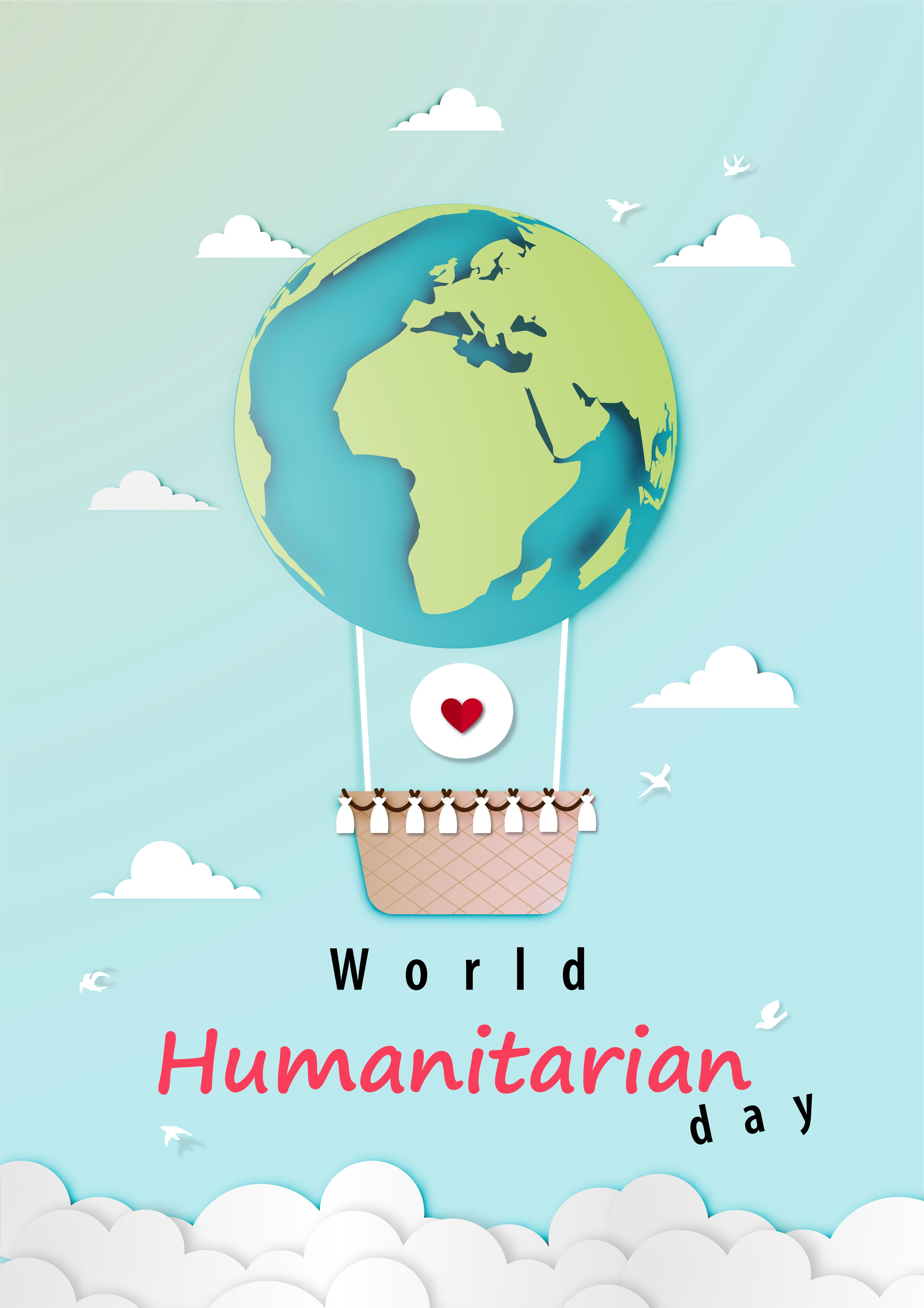 Paper art World Humanitarian day design with planet balloon