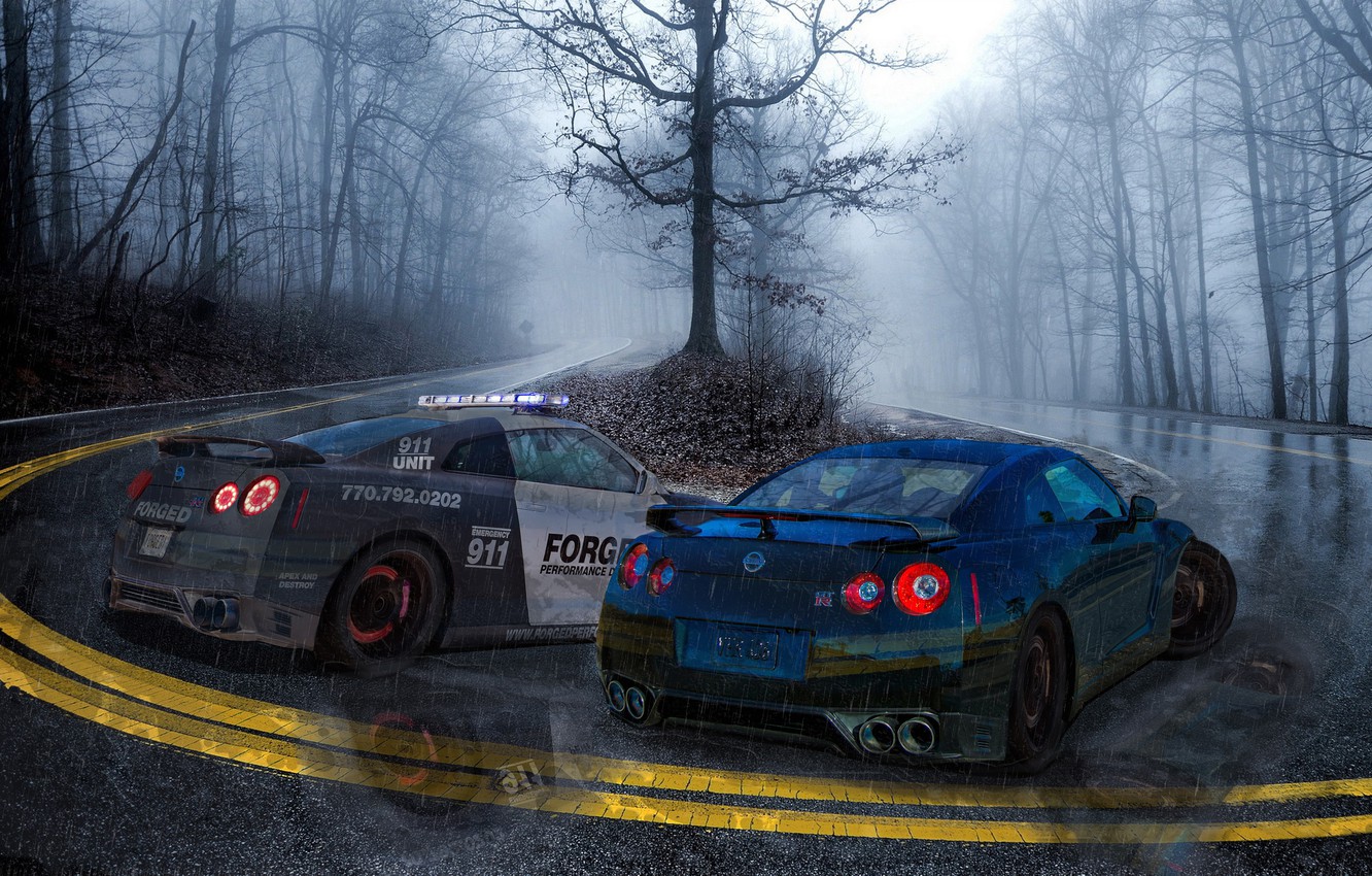 Wallpaper Rain, Police, Hot Pursuit, Nissan GT R Image For Desktop, Section Nissan