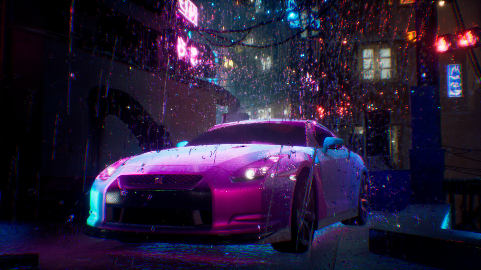 Nissan GTR R35 in the rain in the style of cyberpunk