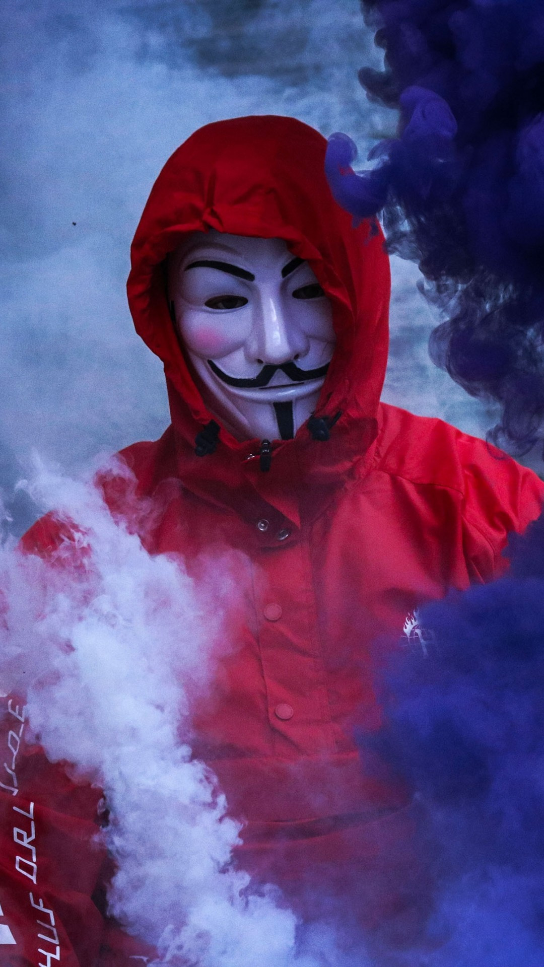 Download 1080x1920 Guy Fawkes Mask, Anonymous, Smoke, Red Hoodie Wallpaper for iPhone iPhone 7 Plus, iPhone 6+, Sony Xperia Z, HTC One